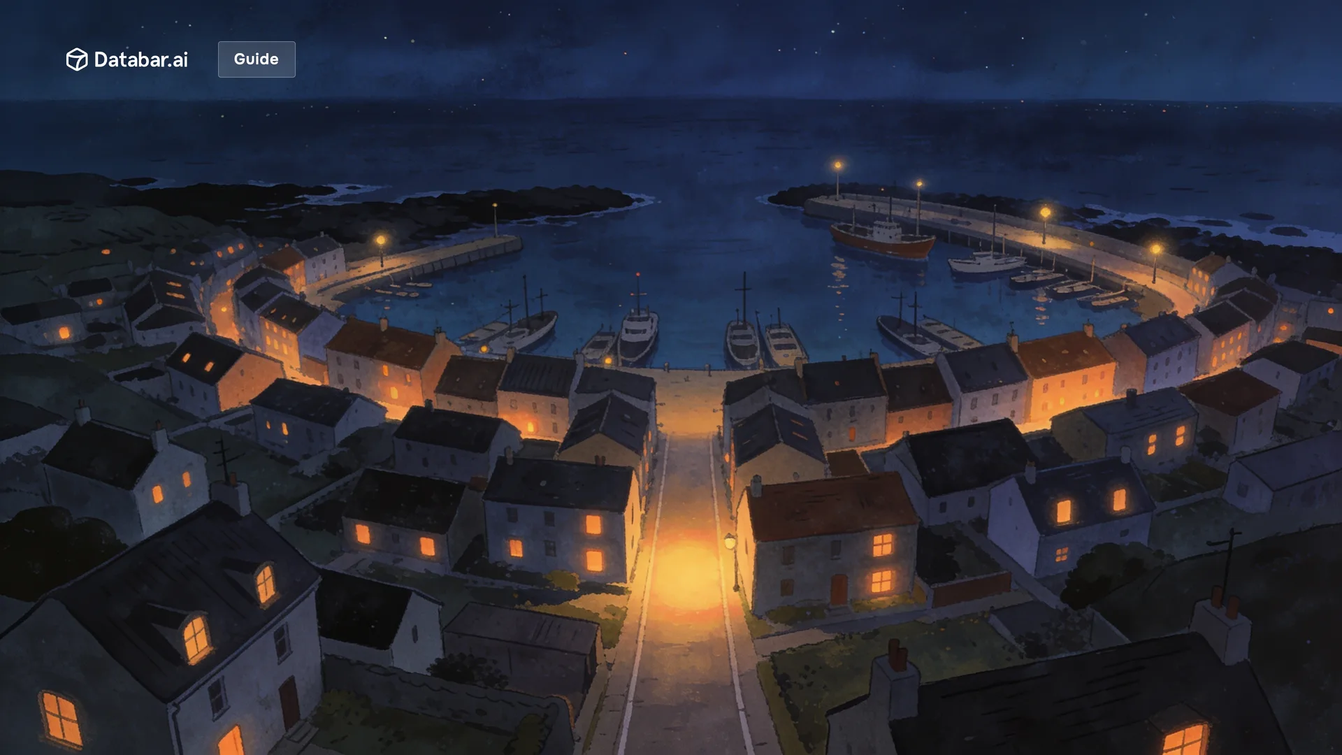Illustration of a coastal town at night with lit windows along a dark shore and one road running inland — Cold Email in 2026: How Claude Code Is Changing Outbound Strategy