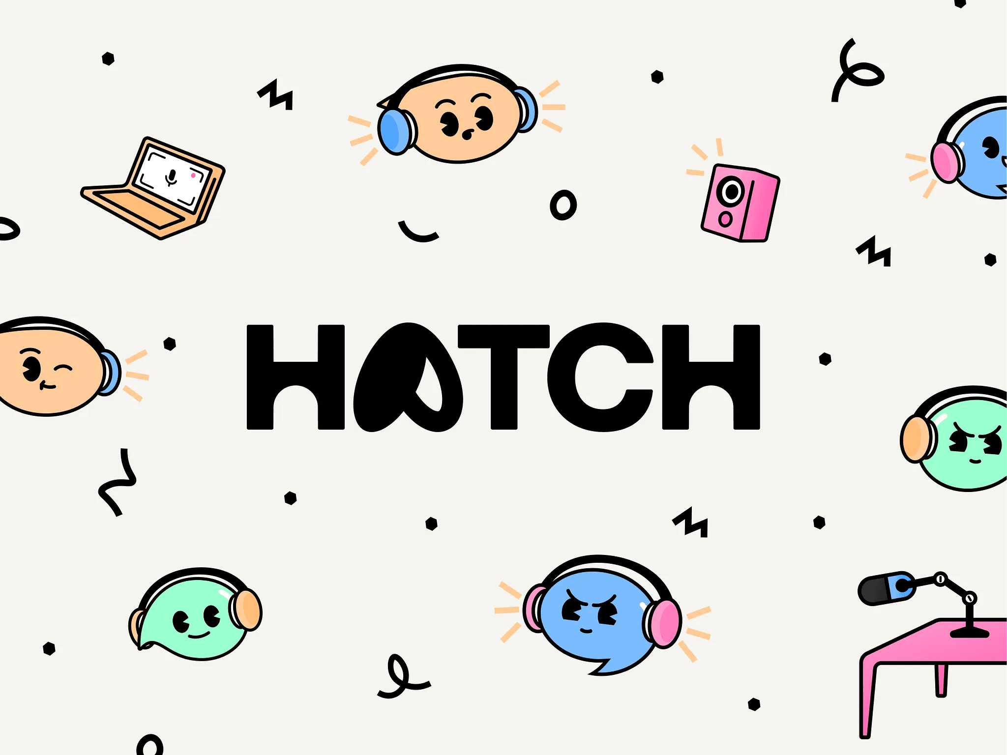 Colorful illustrations and doodles surround the word "HATCH" in a playful, artistic style on a light background.