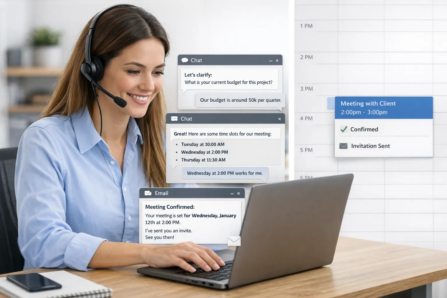 Un agent IA de qualification discute par email et chat avec un prospect B2B, pose une question de clarification, propose des créneaux de rendez-vous, puis confirme l’invitation dans un agenda connecté.