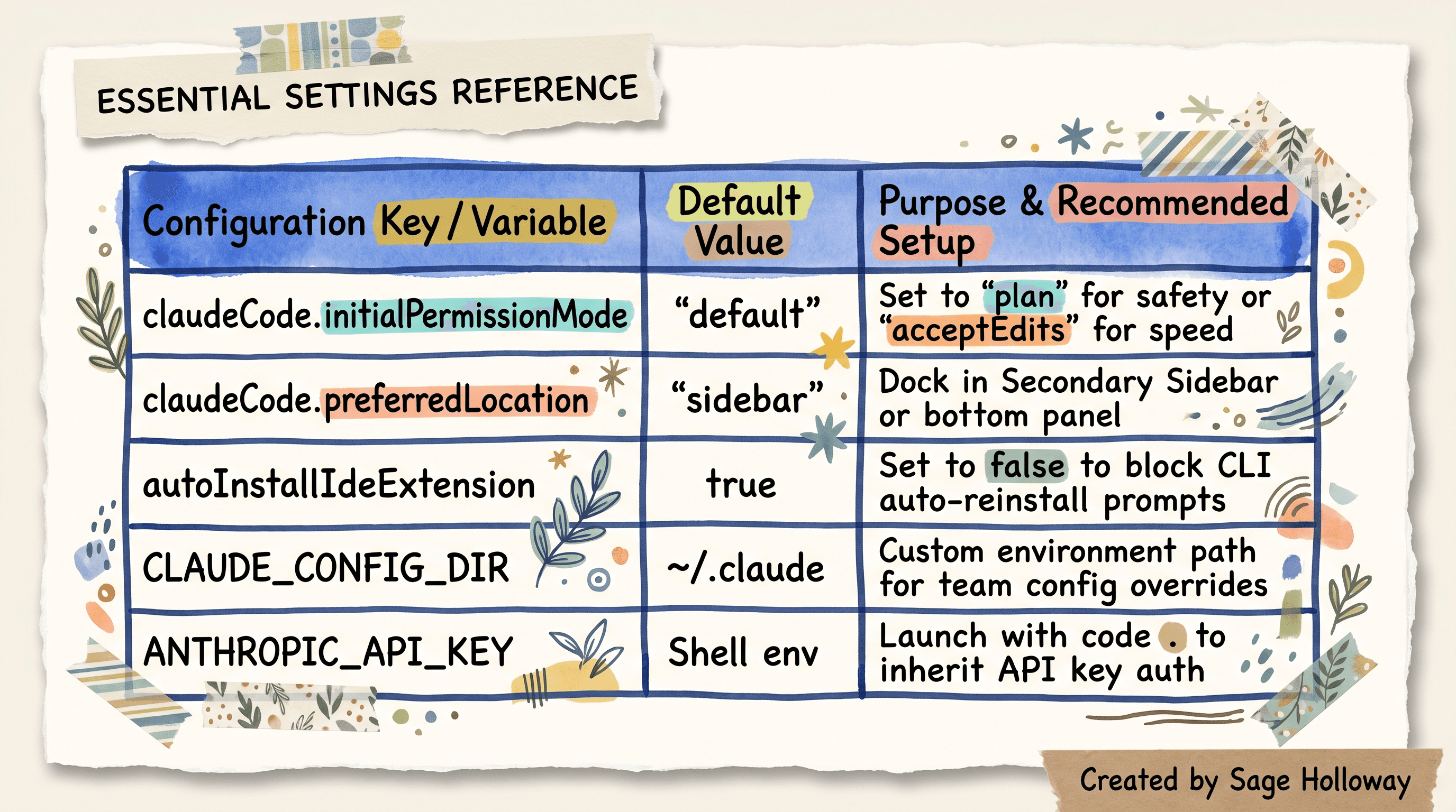 Reference table of essential day-one settings.json configuration keys for Claude Code in VS Code