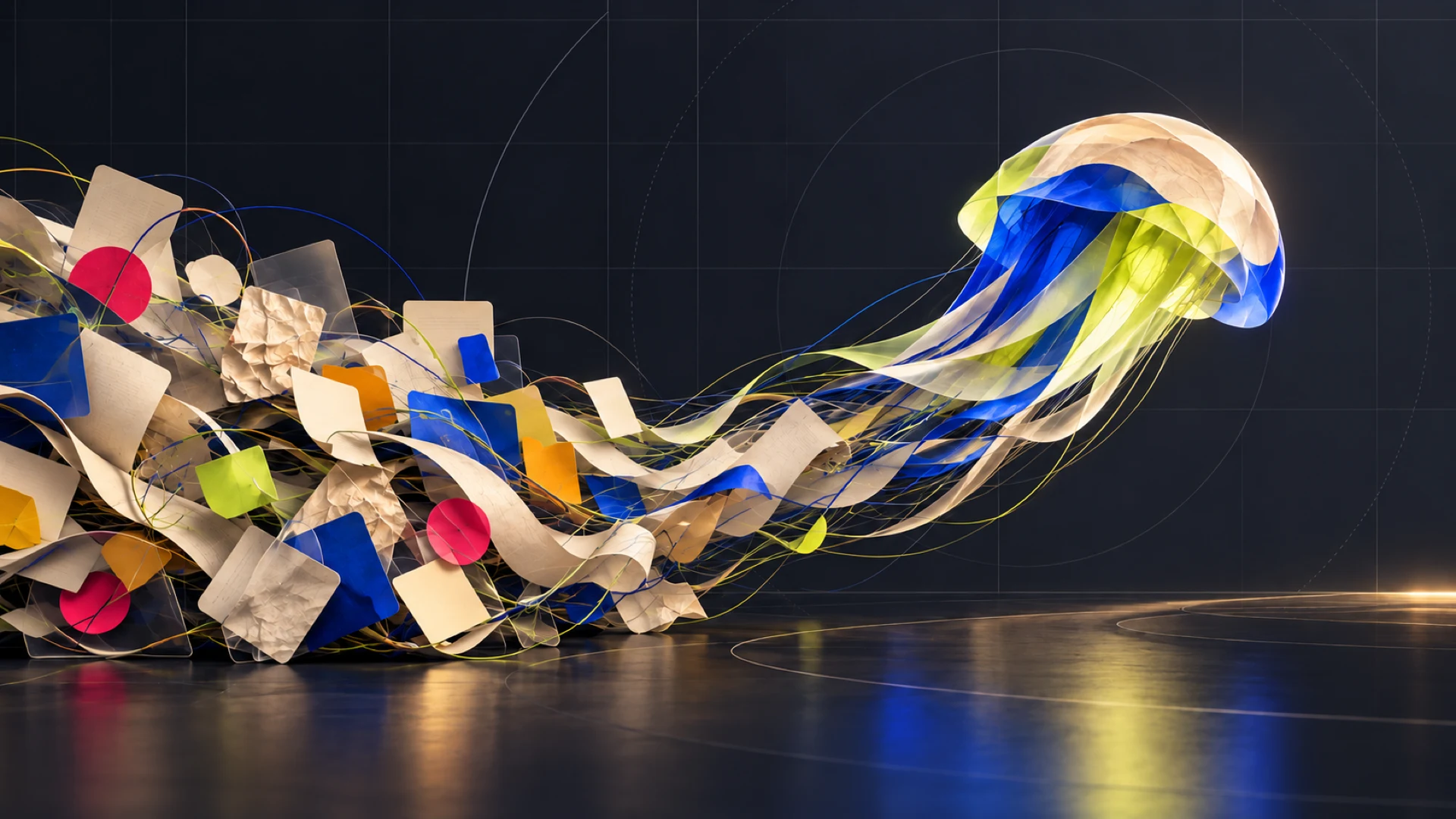 An abstract jellyfish-like form moves toward open space while its long ribbons drag a dense, tangled wake of blank papers and colored fragments, representing the friction created by accumulated marketing debt.