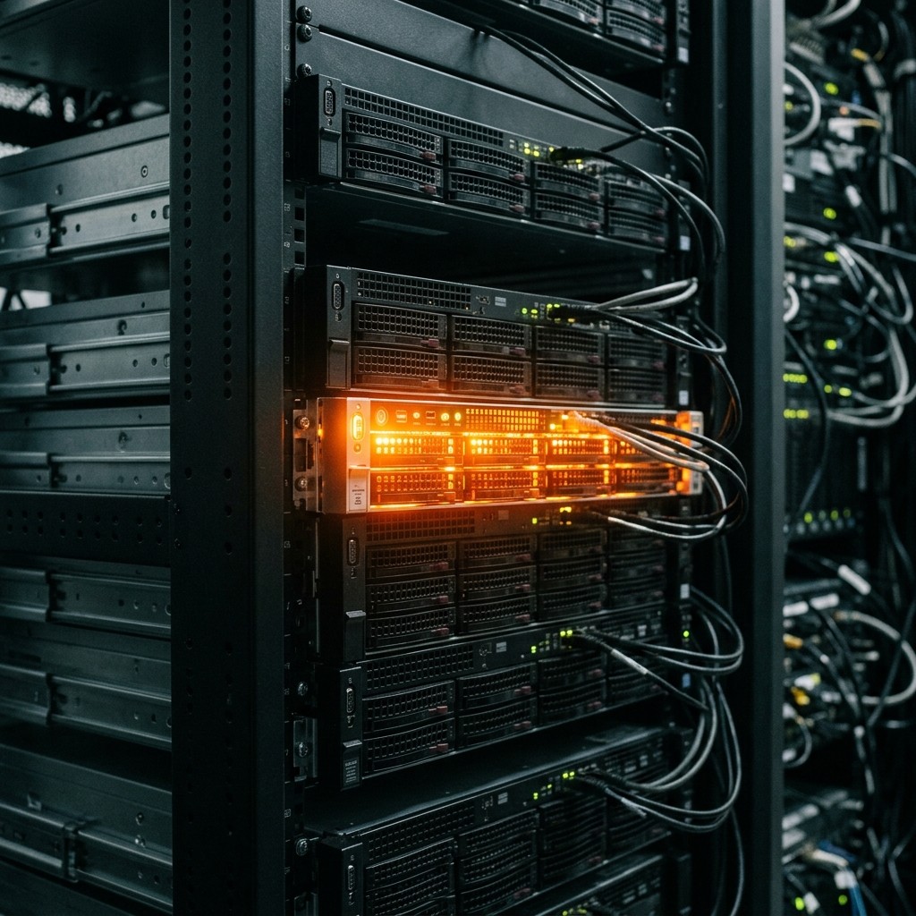 Server rack with one glowing orange node among dark machines