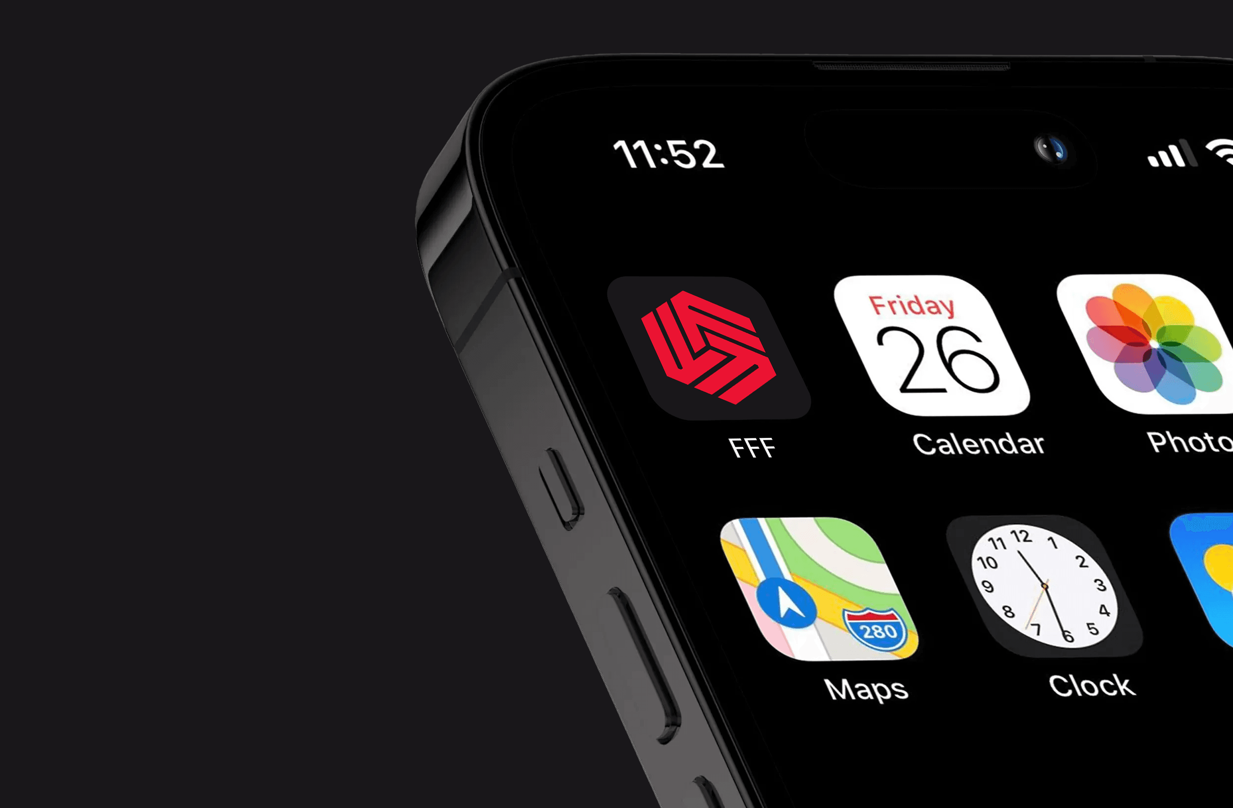 A close-up view of an iPhone screen displaying the 'Flexibility For Fighters' app icon, which features a bold red hexagonal logo with black accents. The icon is labeled 'FFF' beneath it and sits alongside other familiar app icons such as Calendar, Photos, Maps, and Clock. The screen shows the time '11:52' at the top right, with the device's side buttons visible on the left edge. The background of the image is a sleek, dark gray, highlighting the iPhone's screen and app icons.