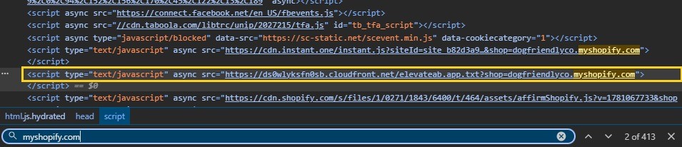 Dog Friendly Co.'s homepage source in DevTools: a search for myshopify.com finds the store's own address, dogfriendlyco.myshopify.com