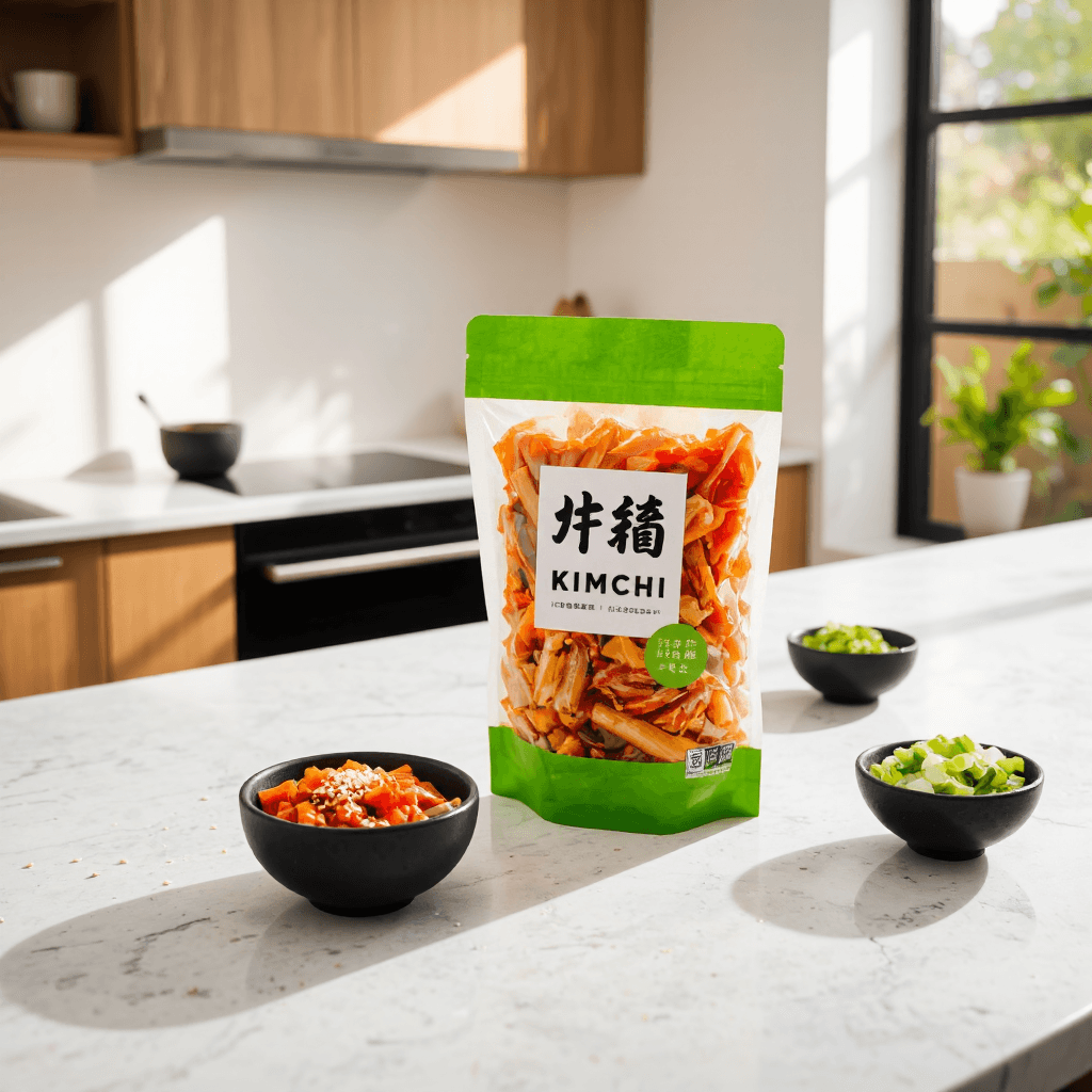 product photography of box of kimchi and a bag of kimchi, used as a side dish