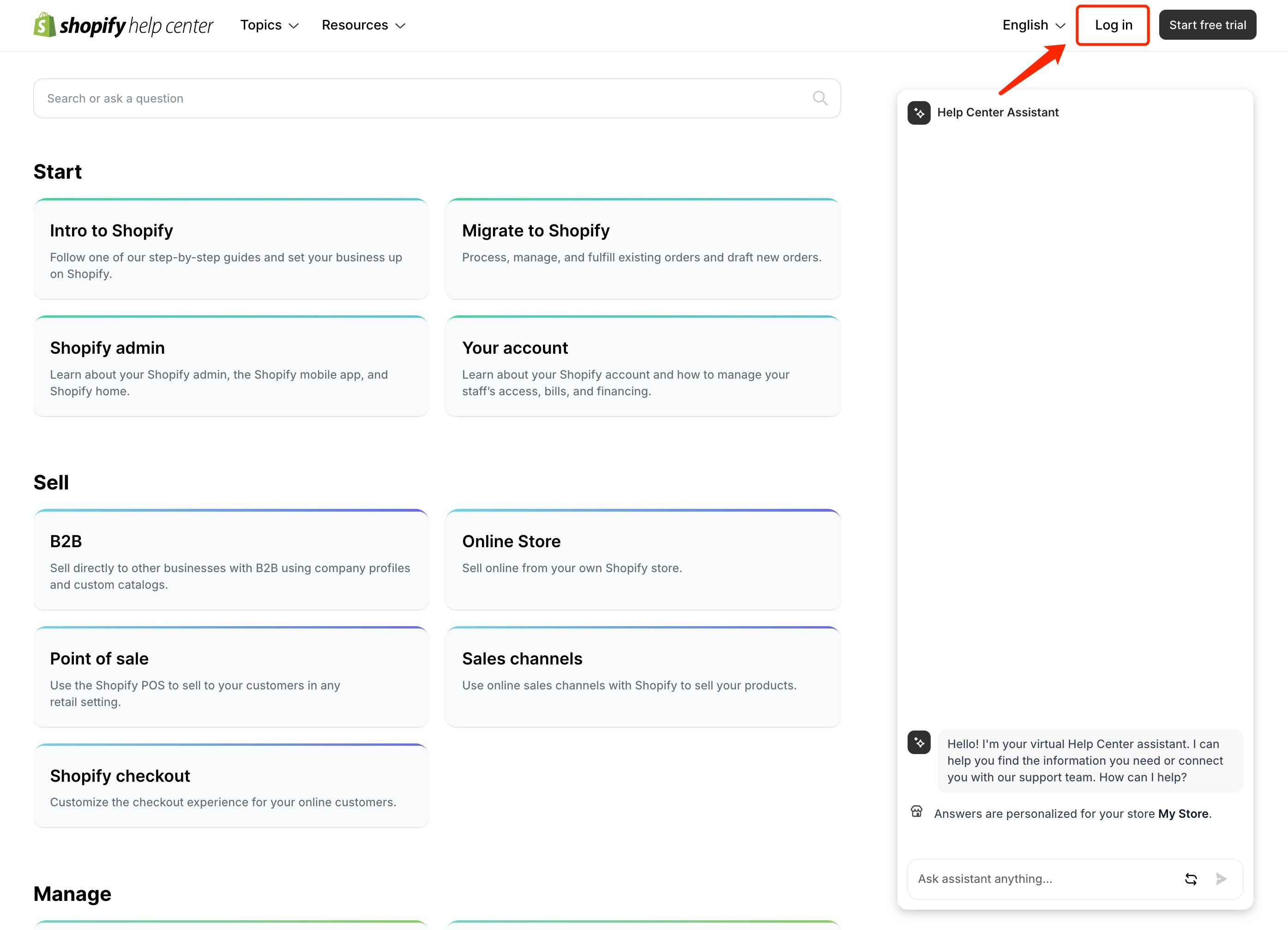 Shopify Help Center page with a red arrow pointing to the login button located in the top right corner.