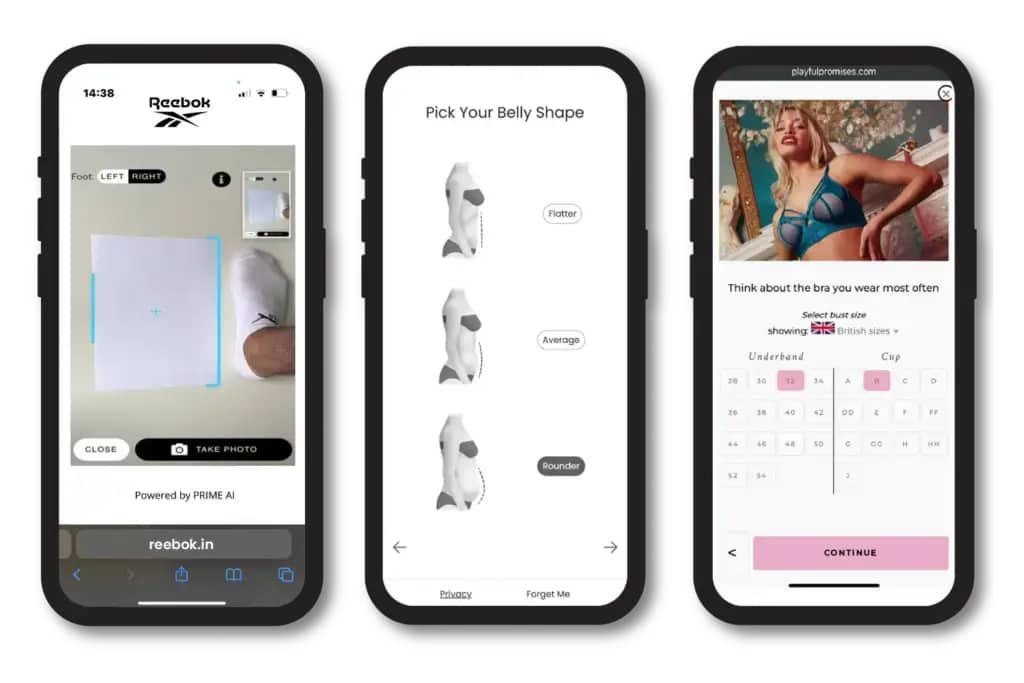 AI-powered tools on smartphone interfaces assist with precise sizing for footwear, apparel, and lingerie, aiming to reduce returns in online fashion