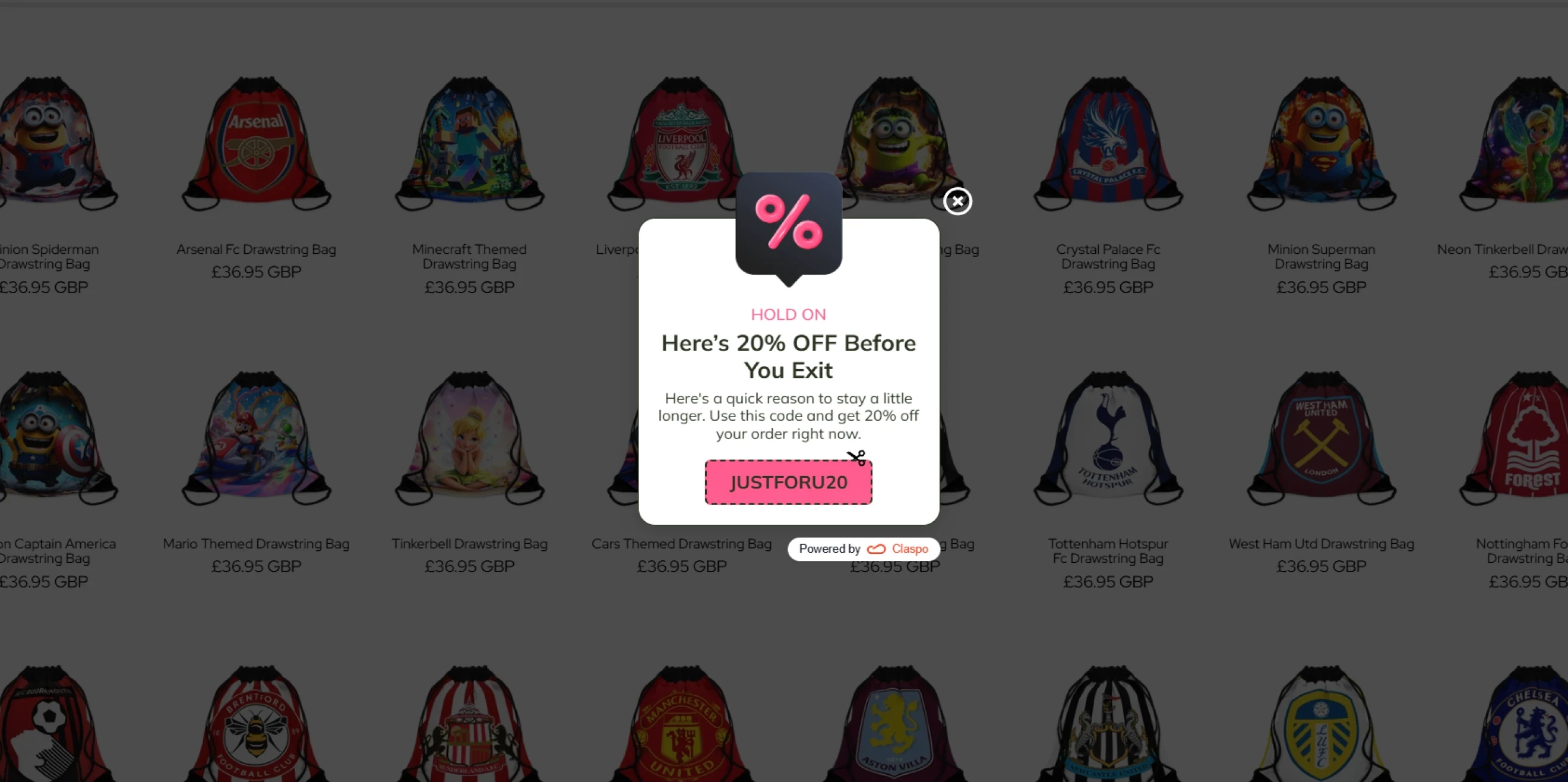 Claspo exit-intent popup on the littlebitz.co.uk website with a 20% off offer