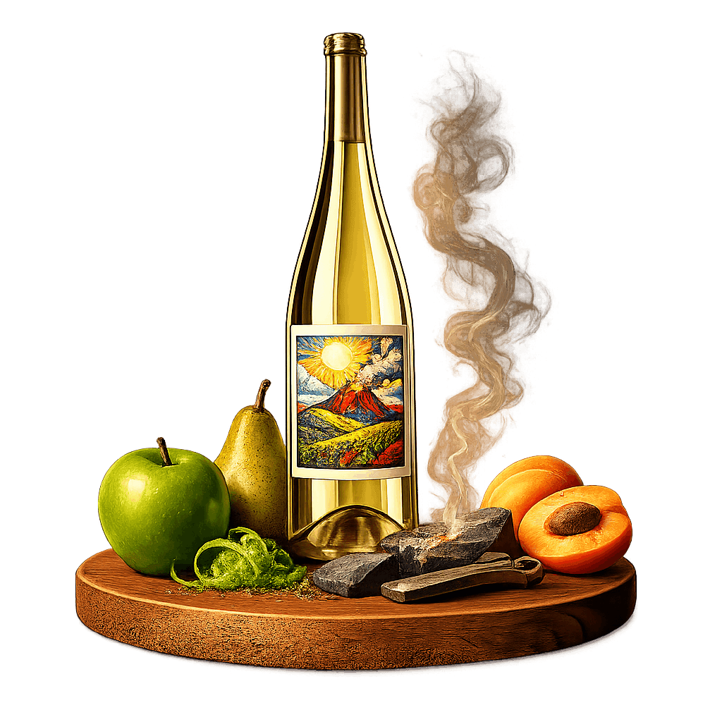 Artistic label and flavor profile for Hungarian Dry Furmint on a rustic wooden table.