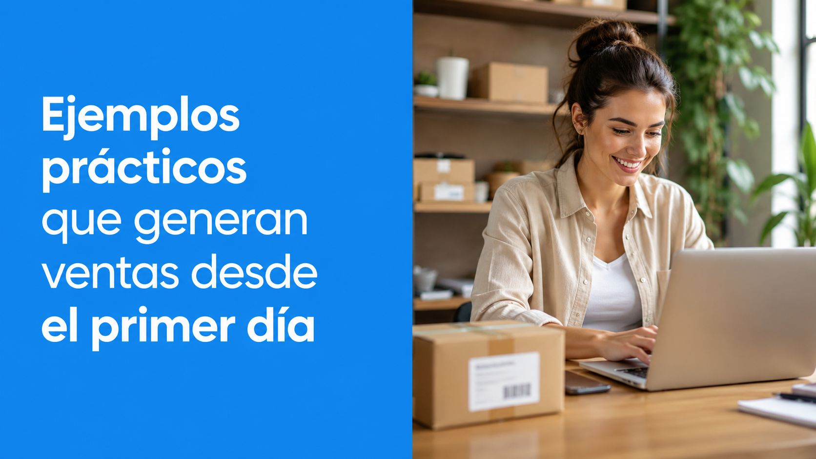 Una mujer joven y sonriente trabajando en su computadora portátil en una oficina llena de paquetes de envío.