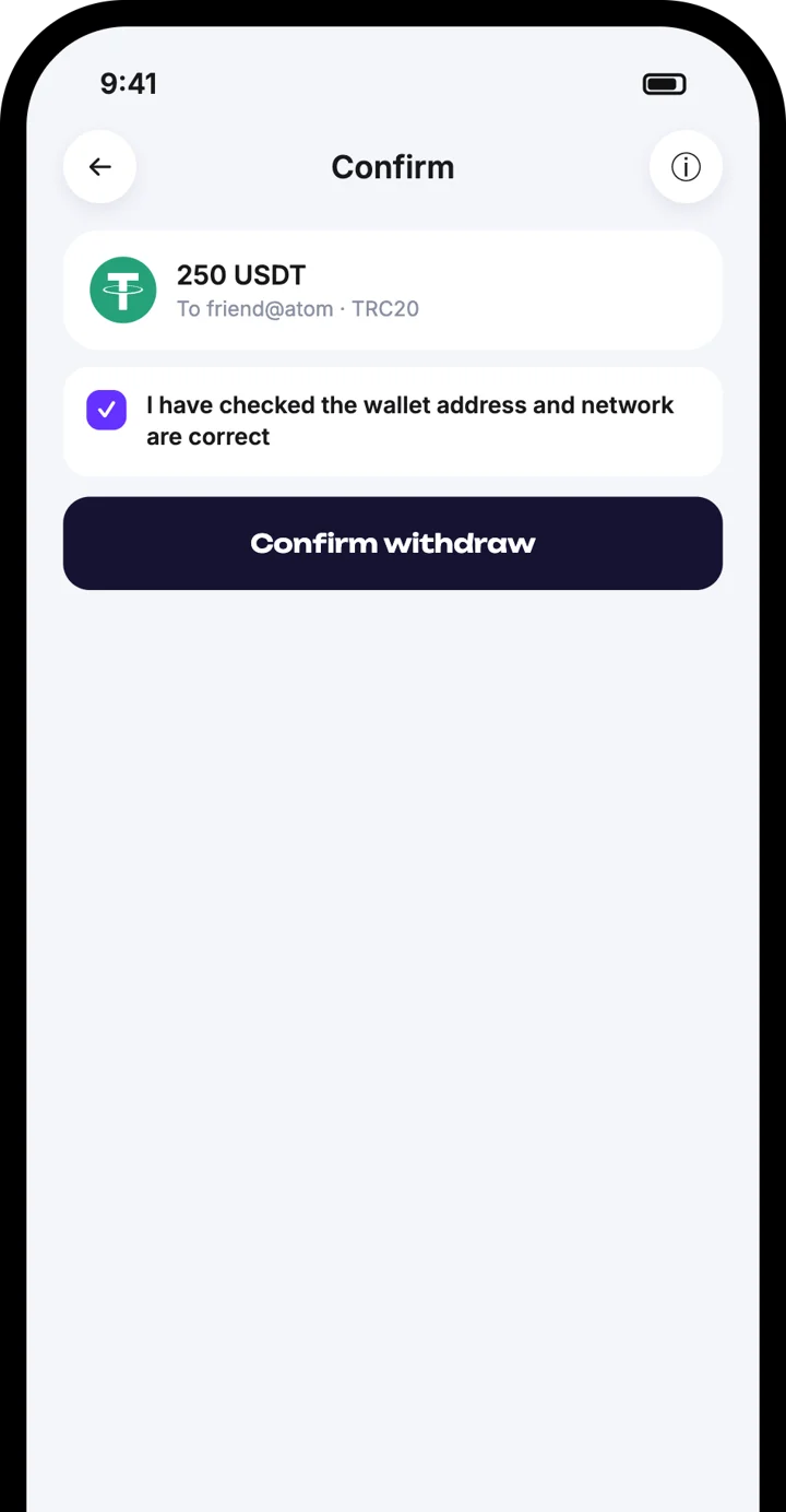 Atom Wallets app screen