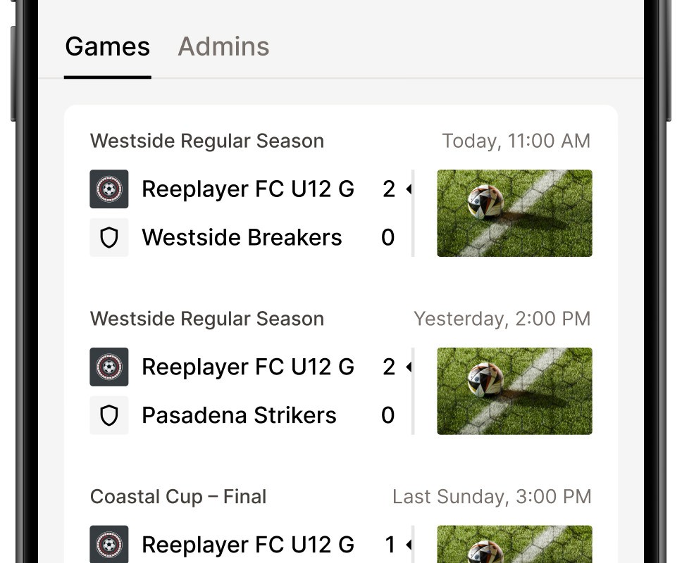 Three youth soccer players smiling while reviewing game footage on a smartphone, showcasing Reeplayer’s user-friendly mobile app
