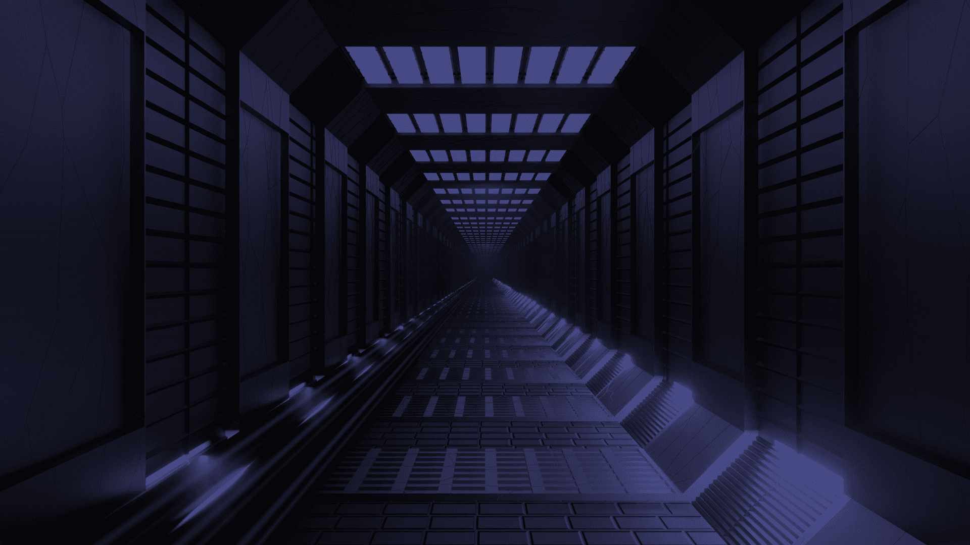 a very long hallway with some lights on