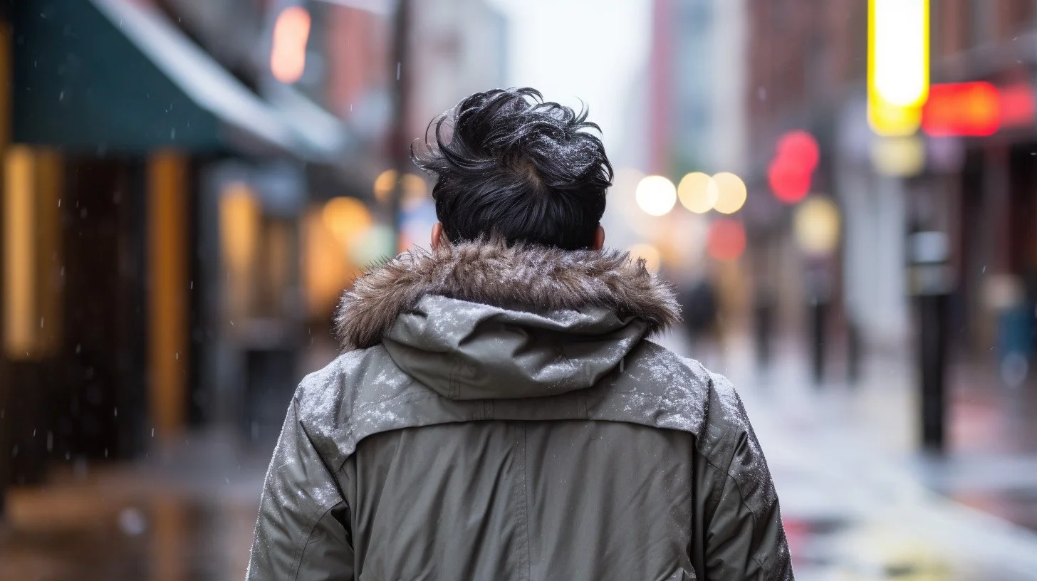 Back of a mans head in the snow and rain