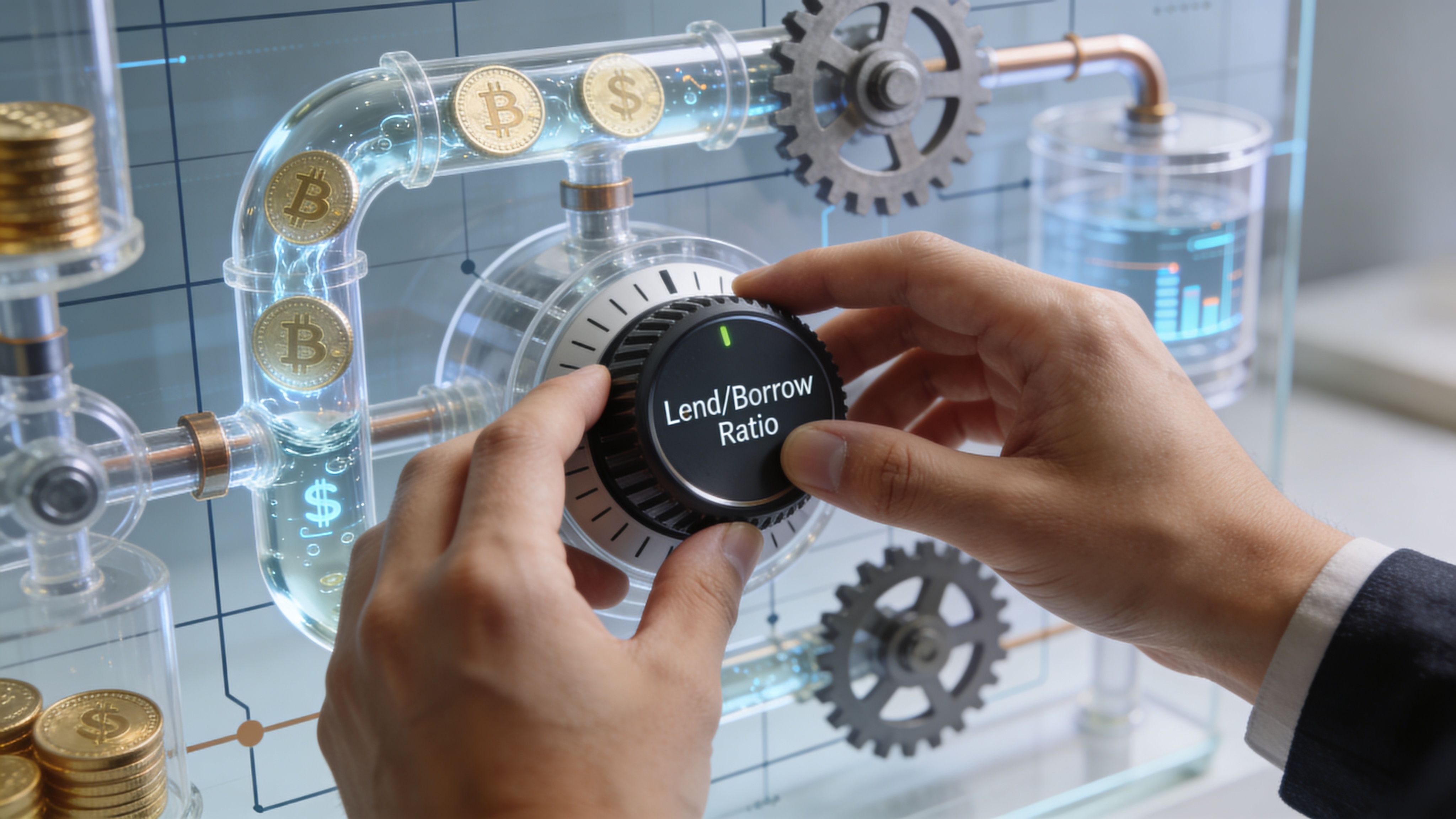 A businessman adjusting a Lend/Borrow Ratio knob on a digital financial interface with currency symbols.