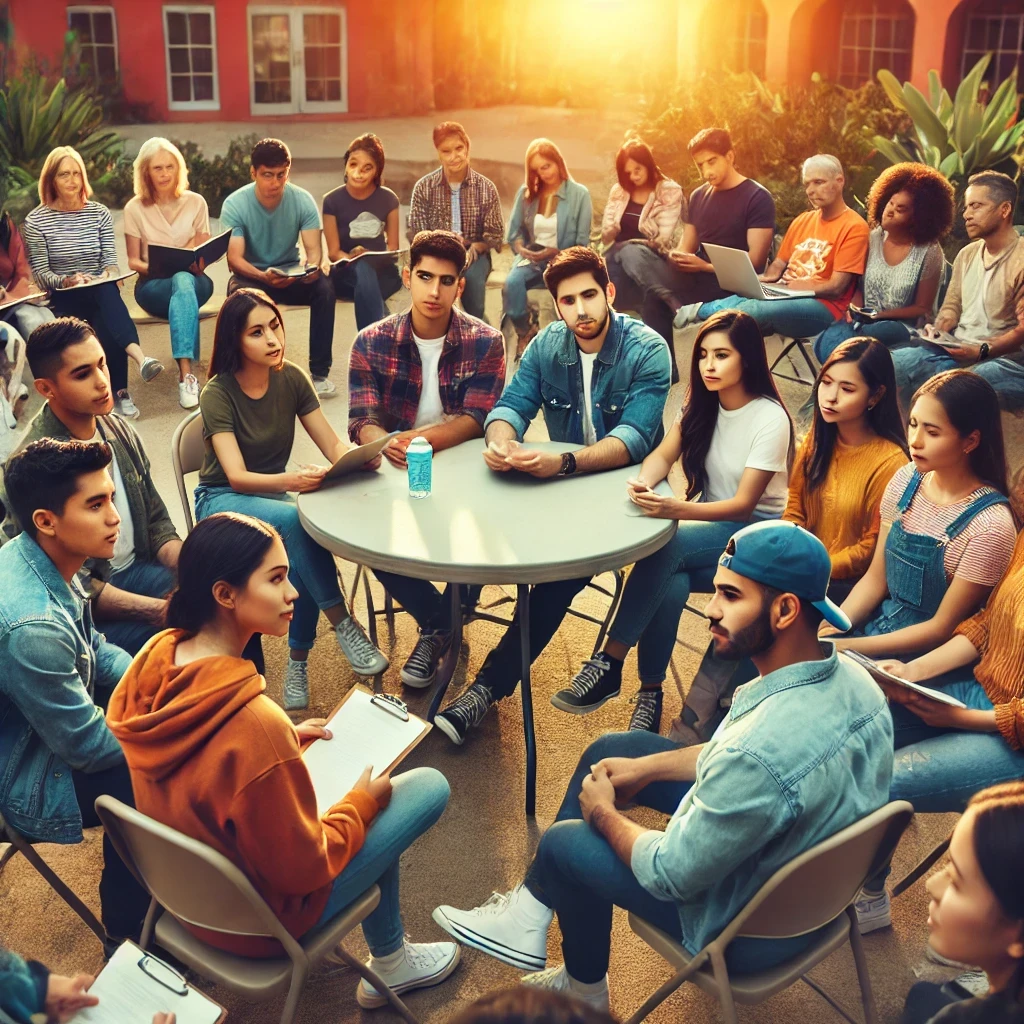 Photograph of a diverse group of young adults, representing DACA recipients or Dreamers, gathered in a community setting. The group includes men and women of various ethnic backgrounds, seated together and engaging in a focused discussion. Some are holding papers and laptops, symbolizing their collective efforts to stay informed about their rights and renewals under DACA. The background suggests a warm, inclusive community environment, emphasizing unity and advocacy among Dreamers.