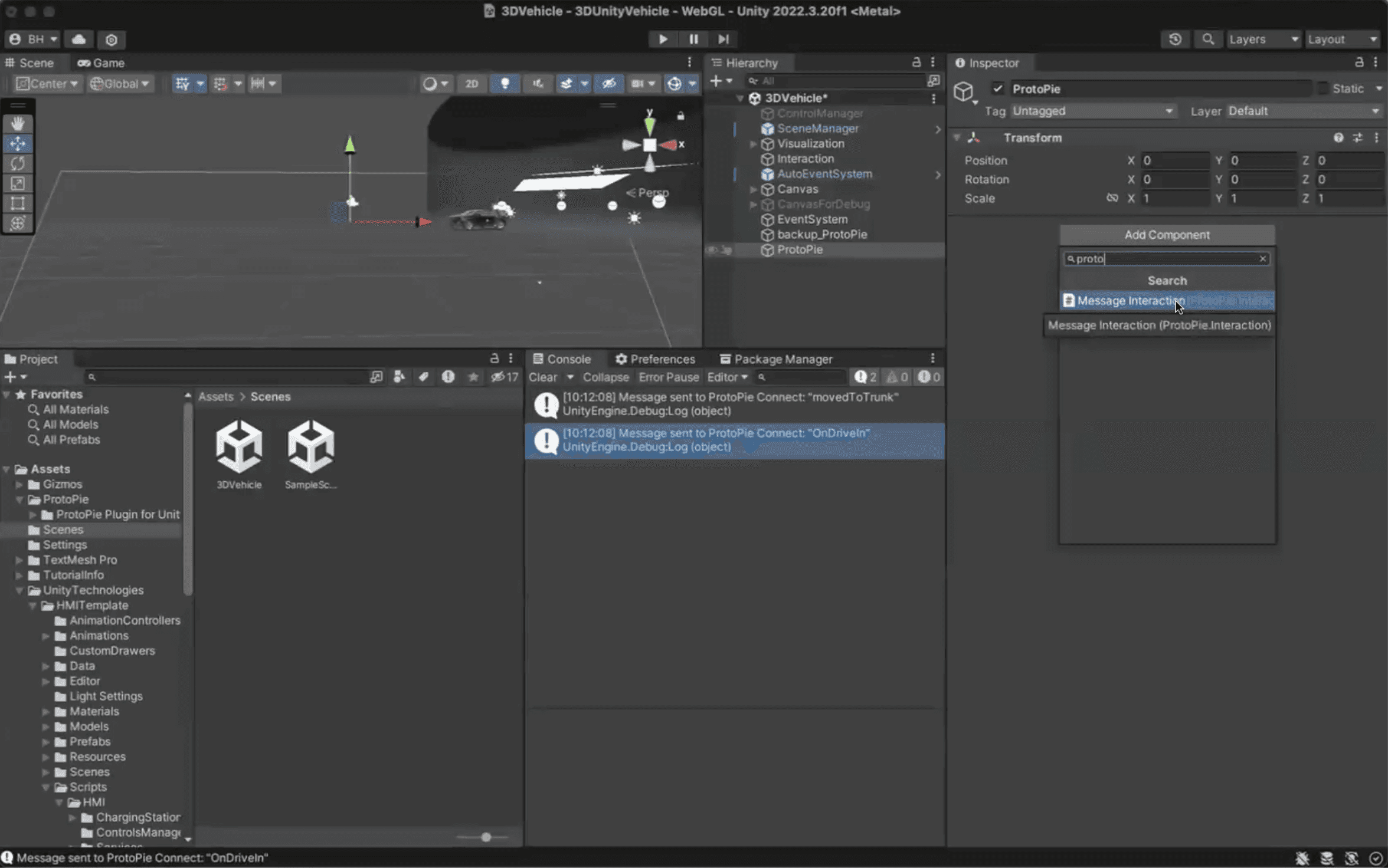 Add the "Message Interaction" script to the "ProtoPie" game object.