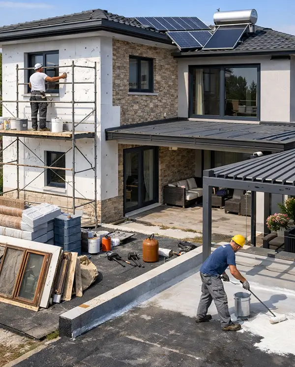 Ενεργειακή αναβάθμιση κατοικίας με τοποθέτηση θερμοπρόσοψης, μόνωση και εγκατάσταση φωτοβολταϊκών σε σύγχρονο σπίτι