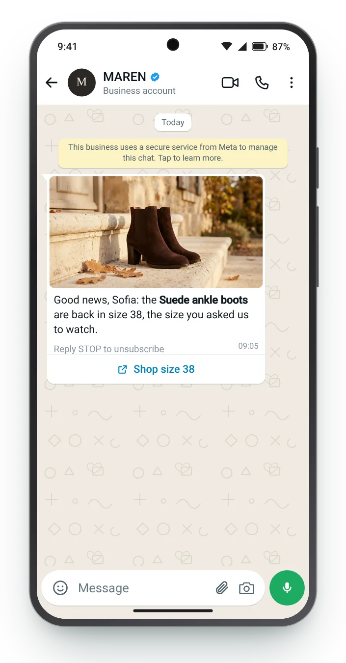 The exact size they asked for: WhatsApp restock alert on an Android phone