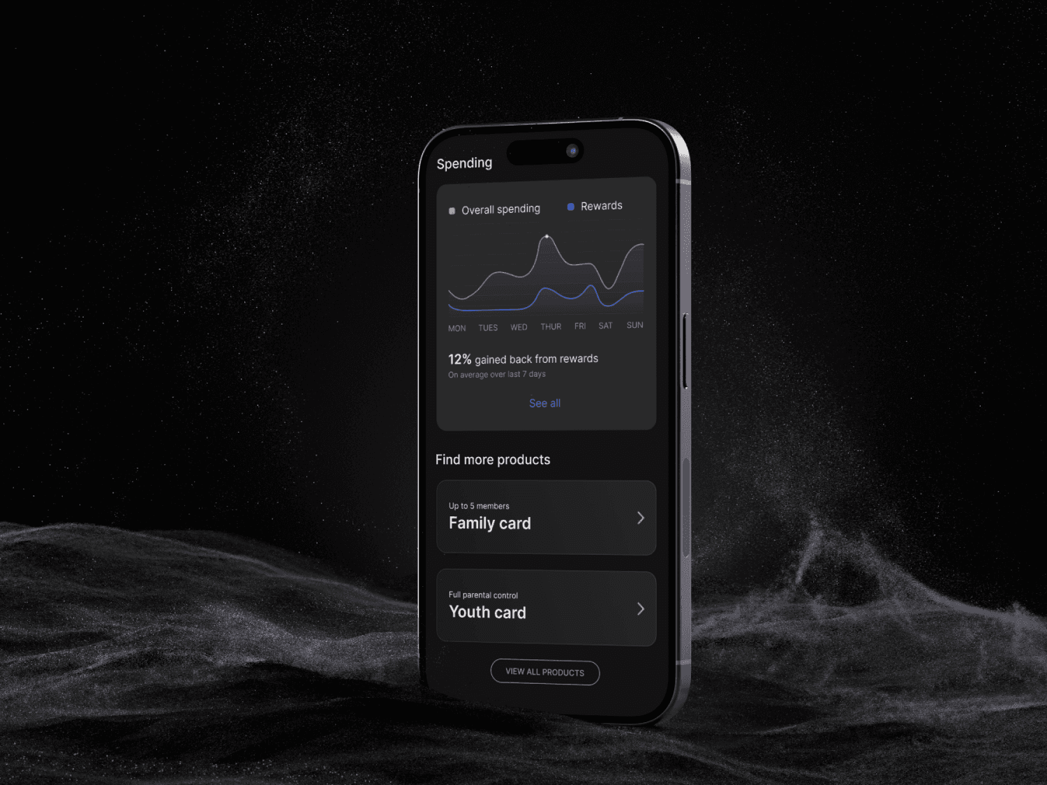 Mobile mockup on a dark sand texture background, screen shows the Spending and More Products section to Fintech App