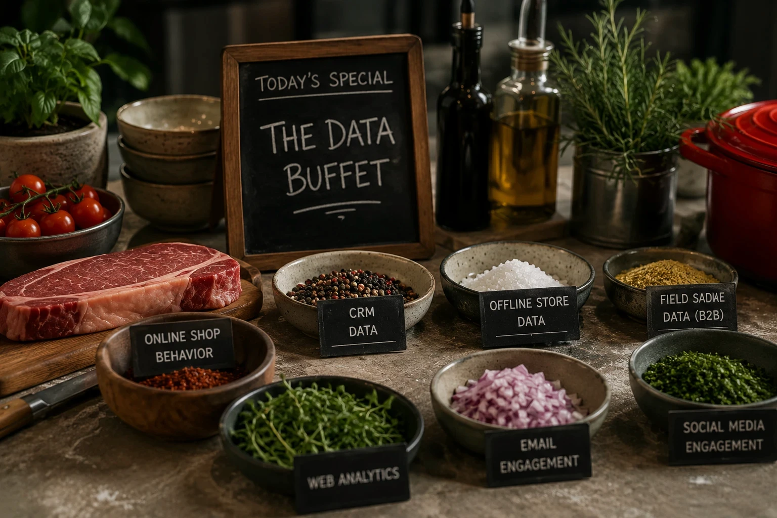 A buffet of data-source ingredients: online shop behavior, CRM data, offline store data, web analytics, email engagement, field sales data, and social media engagement