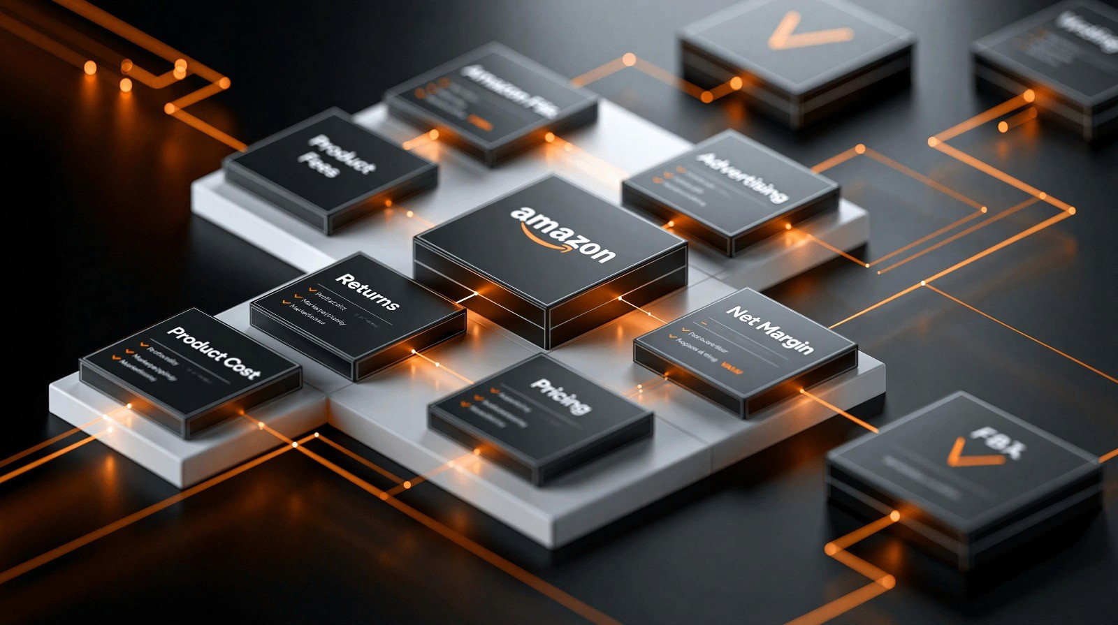 Ilustracja przedstawiająca analizę rentowności sprzedaży na Amazon z uwzględnieniem wszystkich kosztów P&L per SKU.