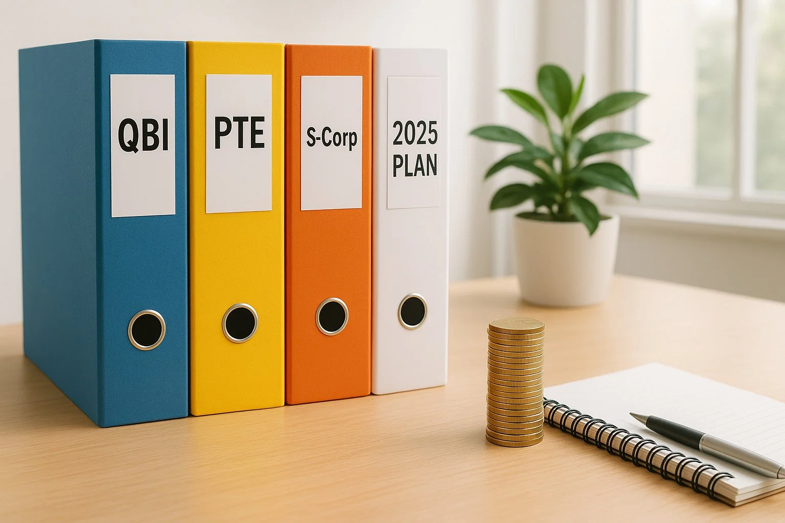 Bright workspace with neatly arranged tax binders labeled QBI, PTE, S-Corp, and 2025 Plan beside a growing stack of coins symbolizing savings.