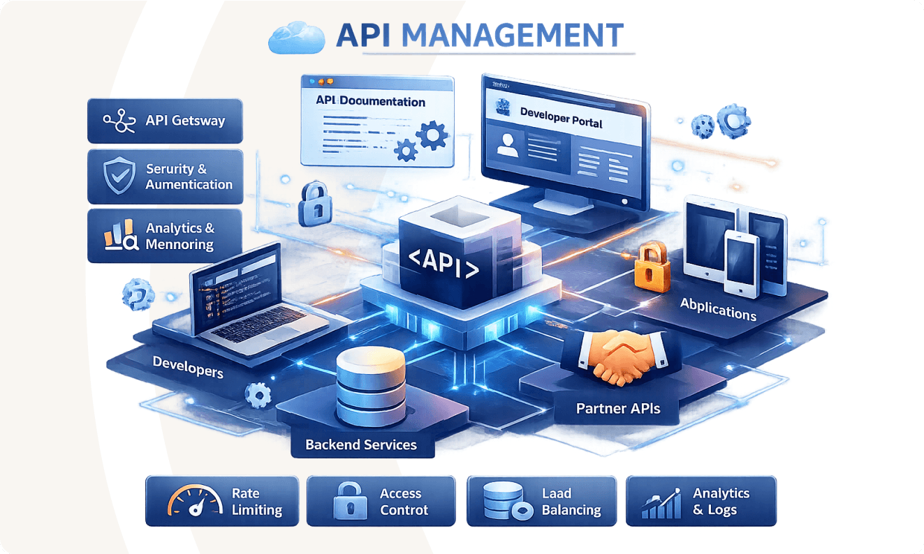Ilustrasi konsep API Management dengan sebuah API sebagai pusat yang menghubungkan developer, backend services, partner APIs, dan berbagai aplikasi. Terlihat komponen utama seperti API Gateway, keamanan dan autentikasi, analytics dan monitoring, dokumentasi API, serta developer portal. Diagram menampilkan alur koneksi data, kontrol akses, rate limiting, load balancing, dan pencatatan log untuk memastikan integrasi sistem yang aman, terkelola, dan terpantau dengan baik.