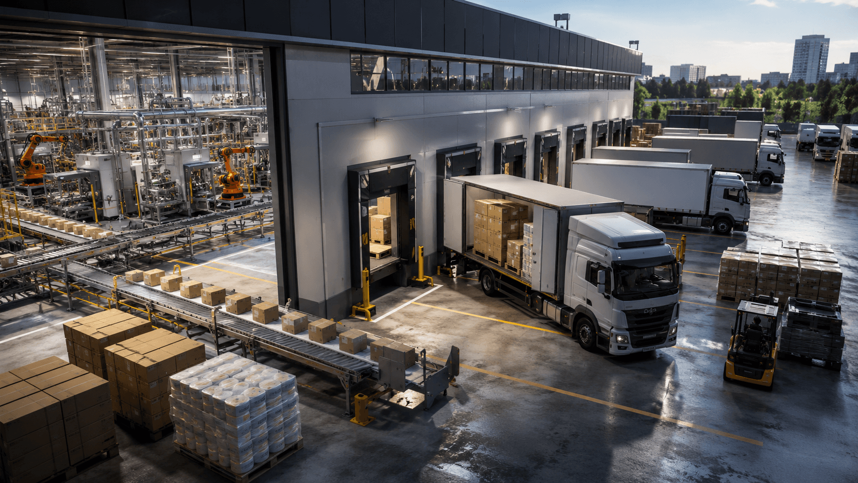 Renderização 3D realista de uma operação industrial integrada. Uma fábrica moderna automatizada aparece conectada a um centro logístico com esteiras, robôs industriais, pallets organizados e caminhões sendo carregados em docas. O ambiente transmite eficiência operacional, distribuição em larga escala e fluxo contínuo de mercadorias entre indústria e rede de distribuidores. Não há pessoas na cena. A composição é ampla, horizontal (16:9), com iluminação profissional e foco em automação, logística e integração de processos empresariais.