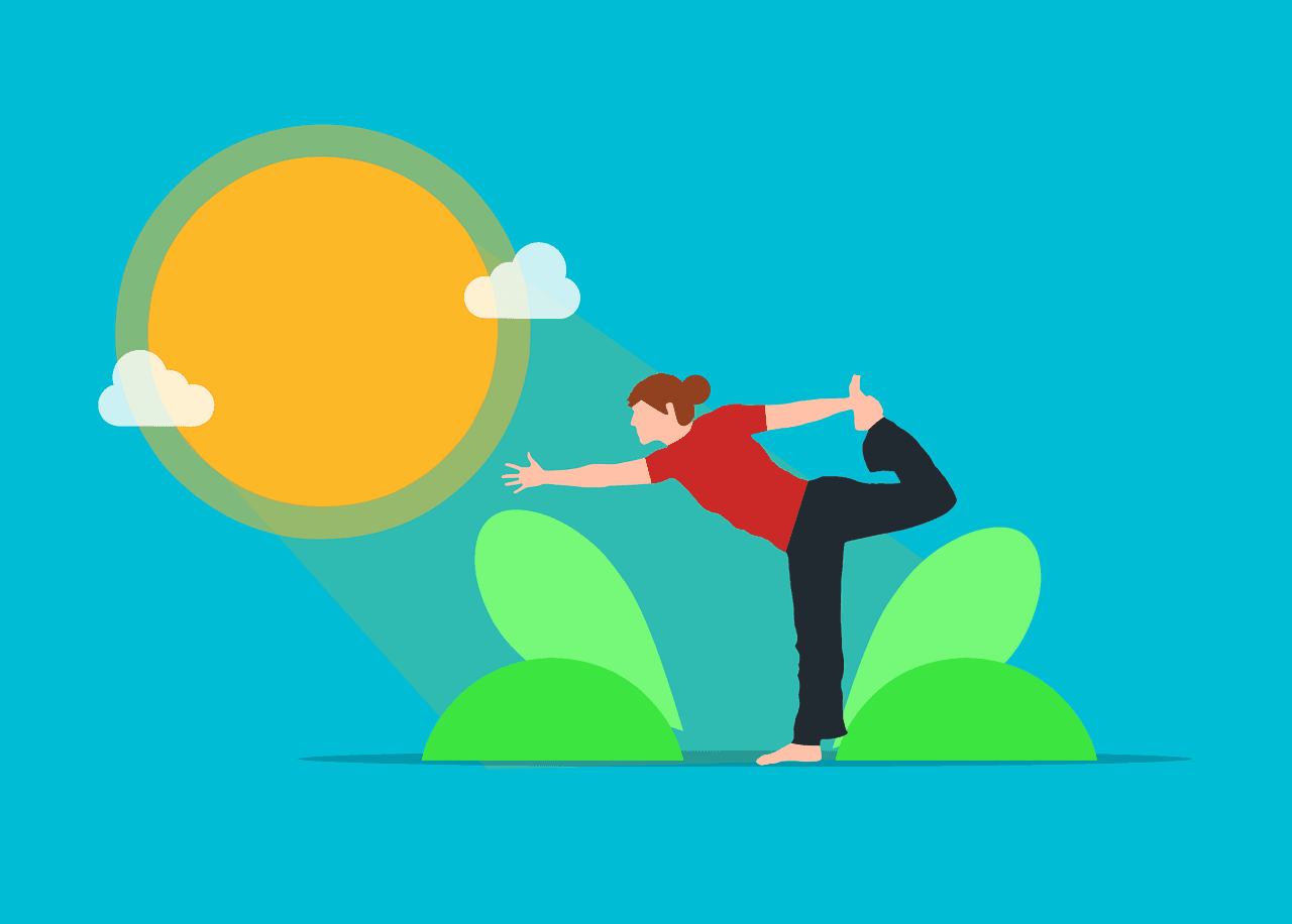 Color drawing of a woman posing in yoga position with a background of a full sun shining light on green leaves.