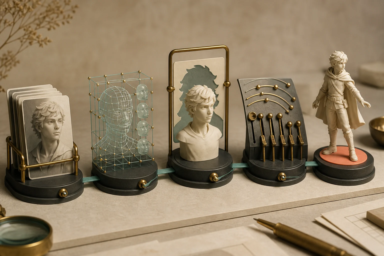 Five linked stages represent rendered character stills, facial representation, identity preservation, editable control and runtime validation.