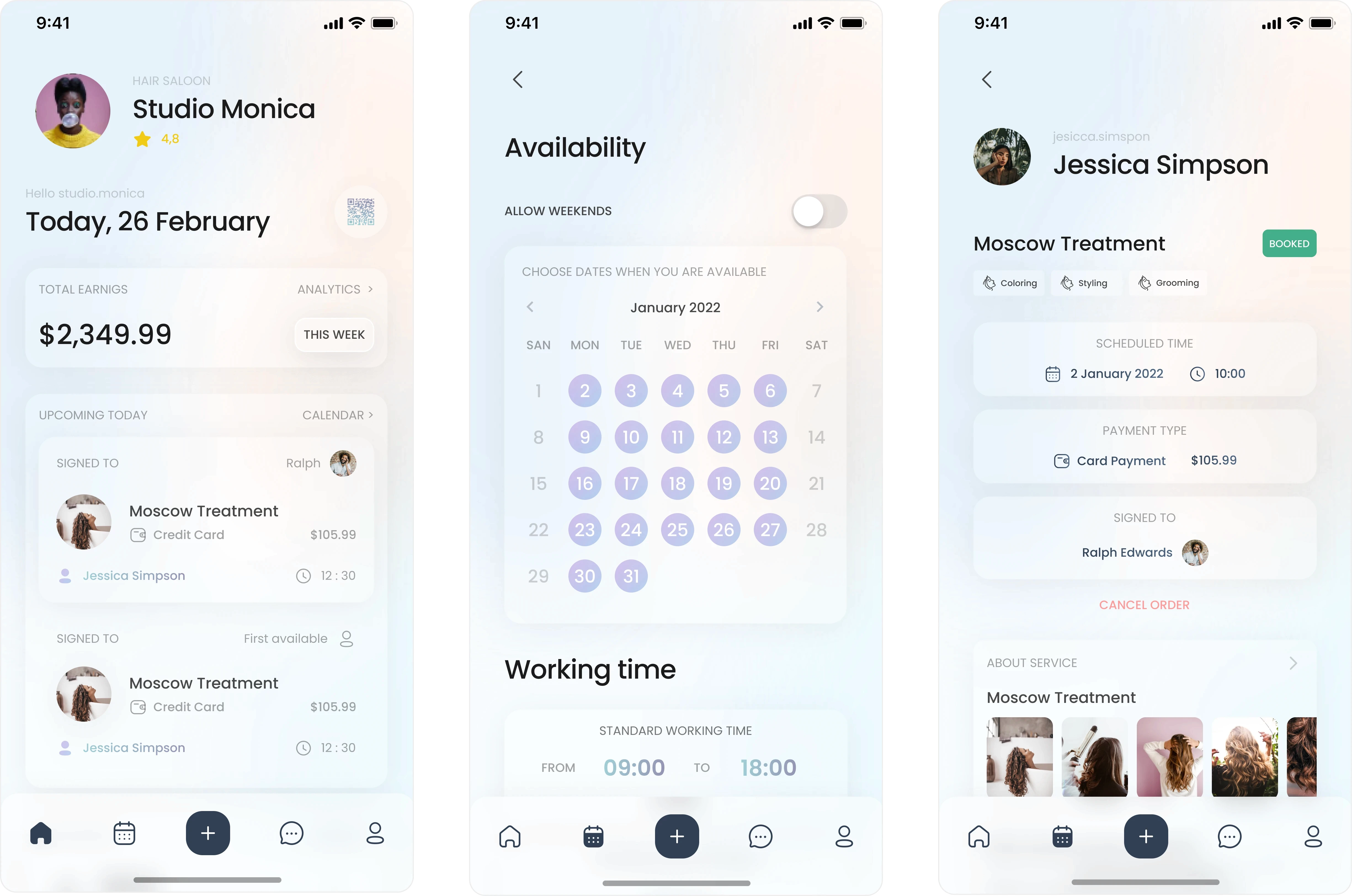Three Xwell business-side mobile app screens for beauty and wellness providers. The first shows the studio owner dashboard with earnings, upcoming bookings, and client details. The second screen displays an availability calendar and working time settings for scheduling services. The third screen shows a client booking summary with service details, scheduled time, payment type, assigned staff member, and a cancel order option. Modern UI for beauty studio management.