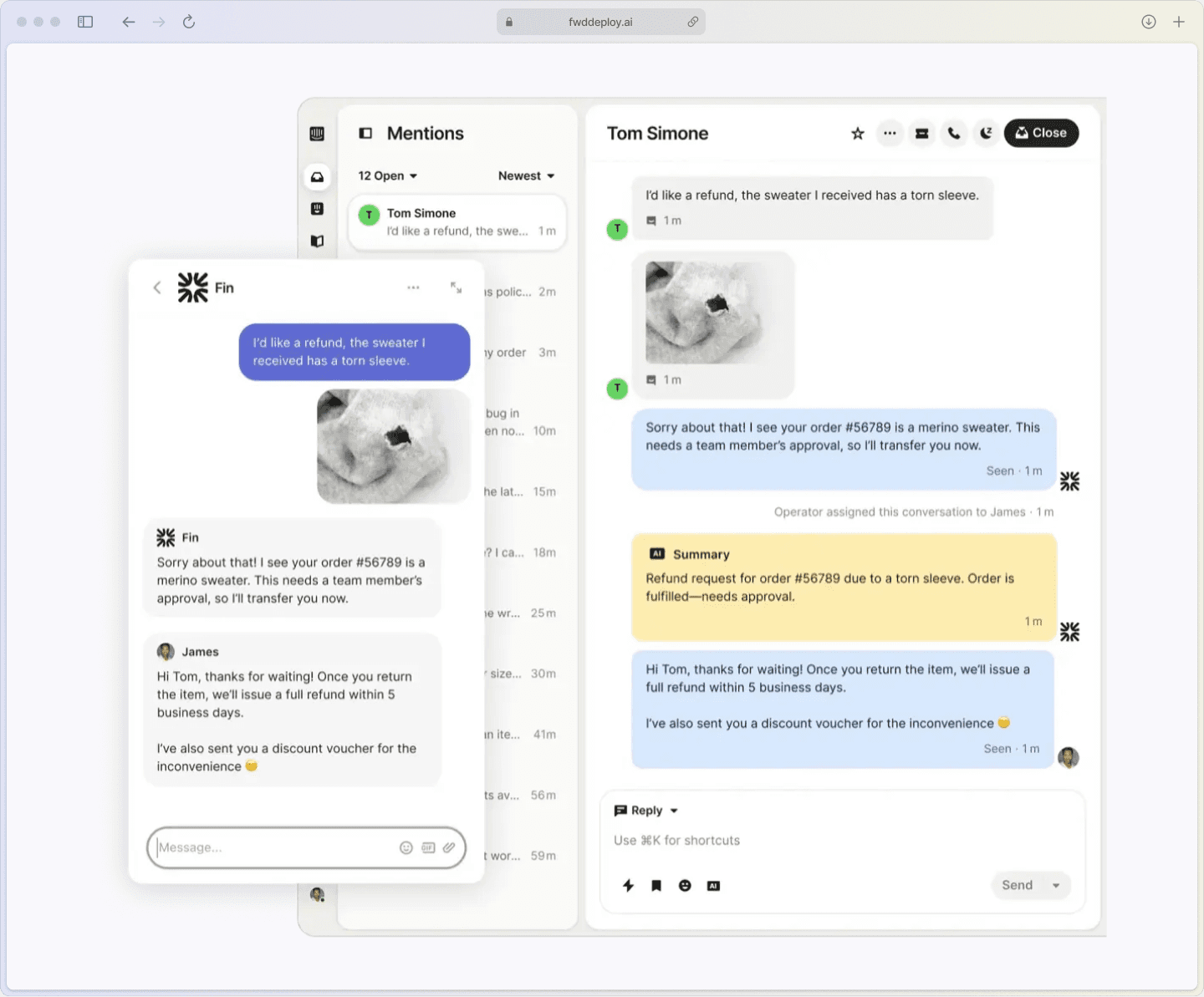 Intercom chat conversation displaying Fin AI bot providing an answer with help article references, followed by seamless transition message toa human support agent with full conversation context.