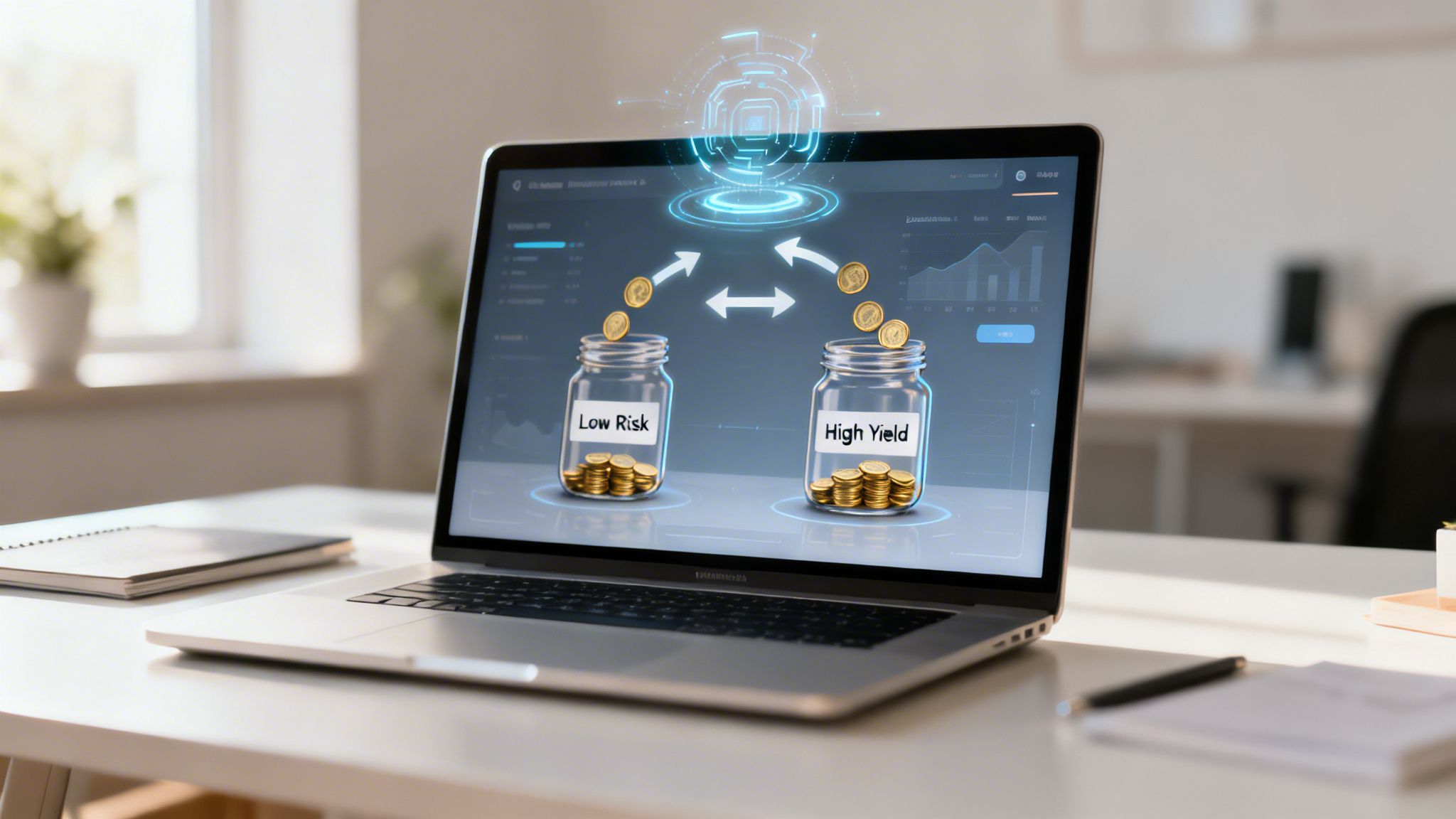 Laptop displaying a financial interface with 'Low Risk' and 'High Yield' jars for investment management.