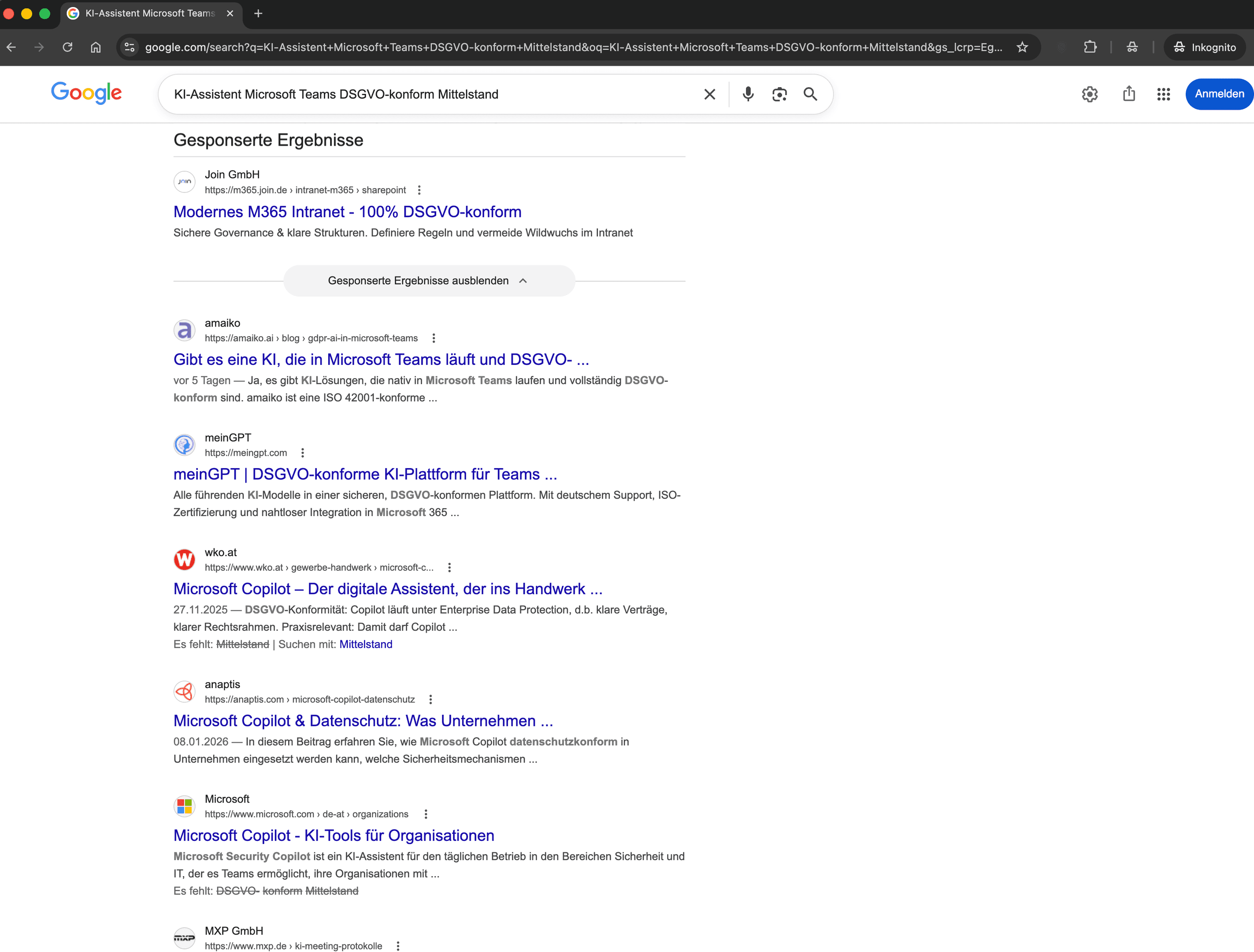 Google Suchergebnis für einen Prompt - KI Assistent MS Teams DSGVO konform Mittelstand