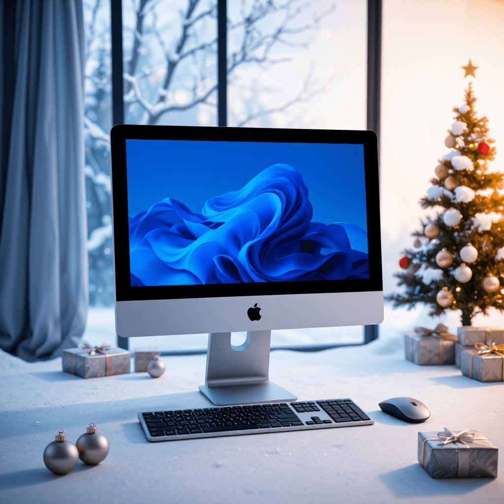 product photography of a desktop computer with a monitor and accessories