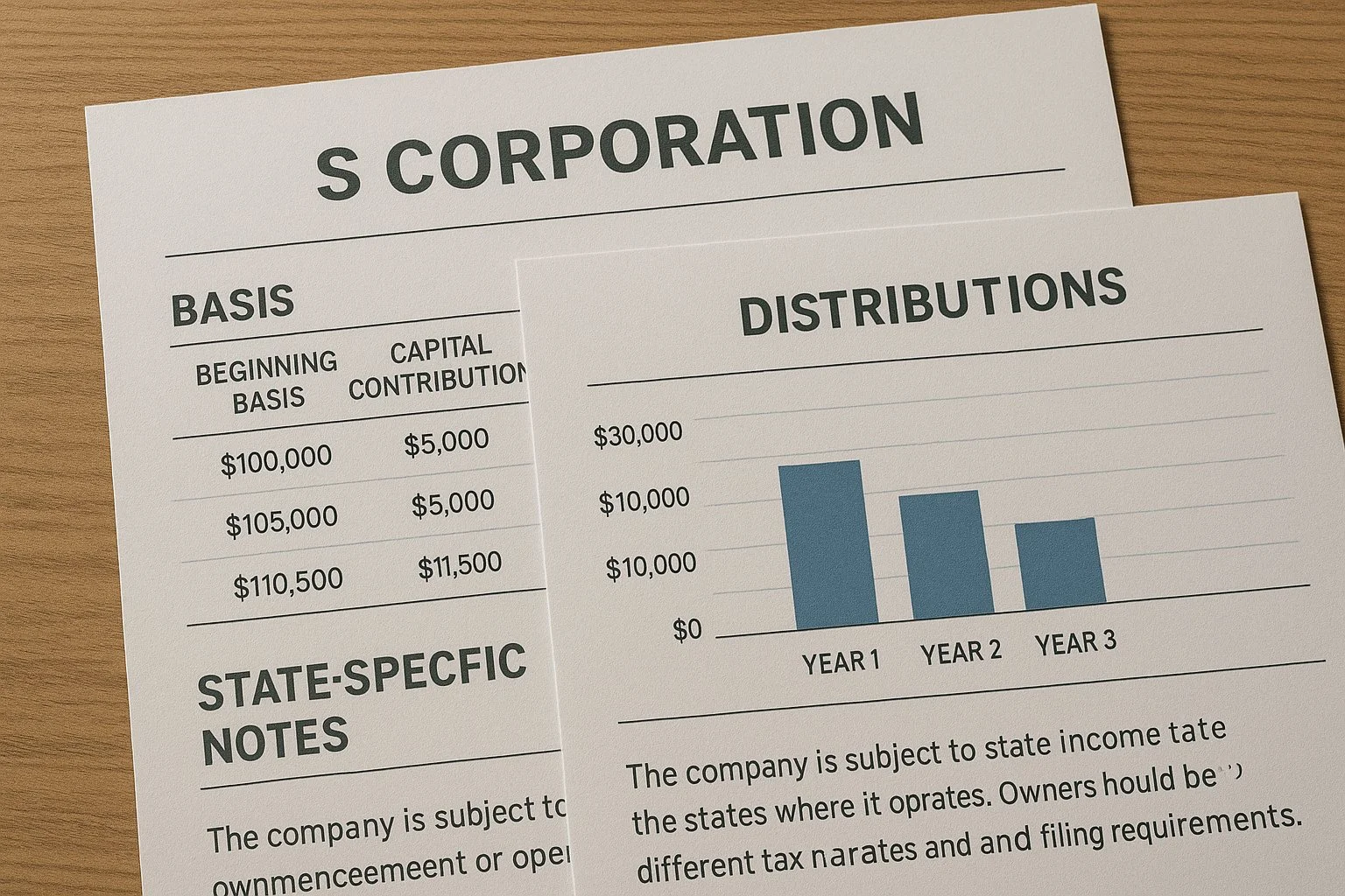 Layered charts illustrating an S corporation scenario, showing basis calculations, shareholder distributions, and state-specific notes.