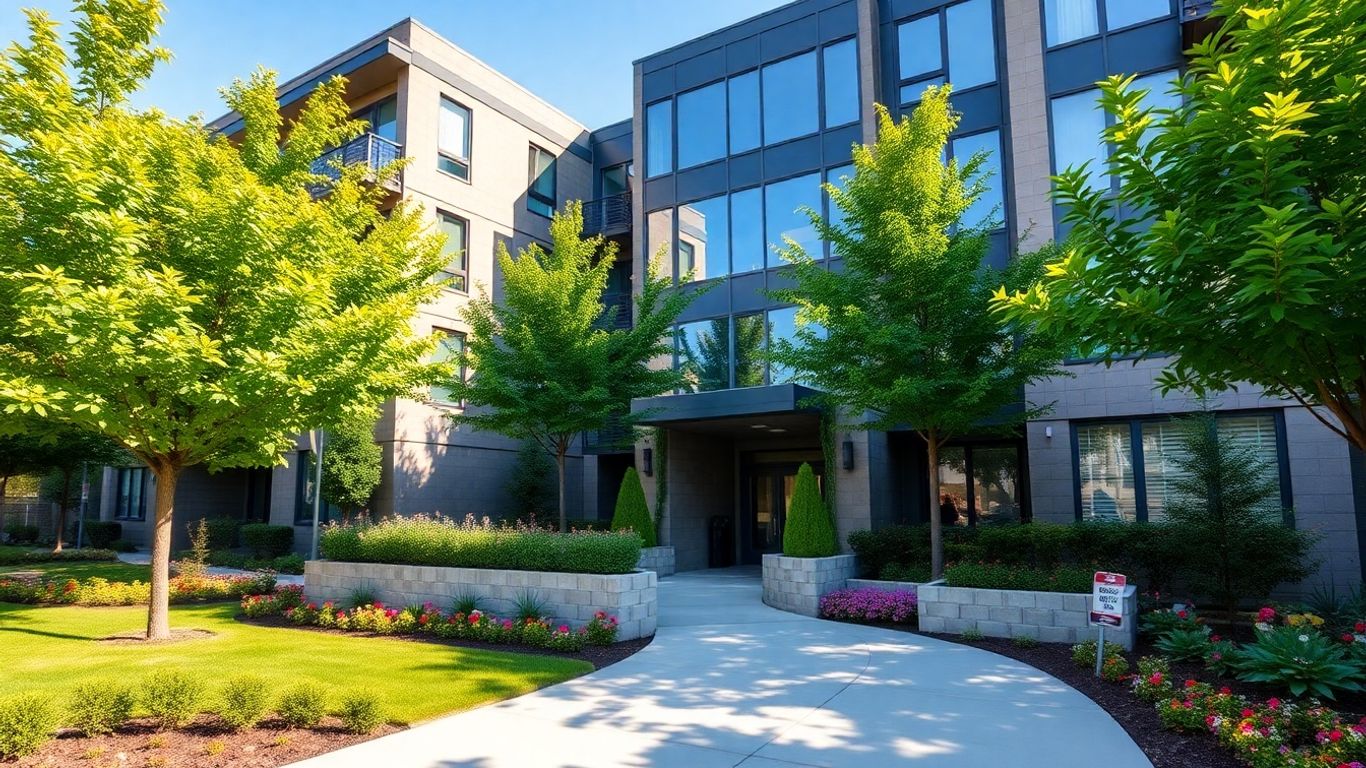 Modern residential building with landscaping.