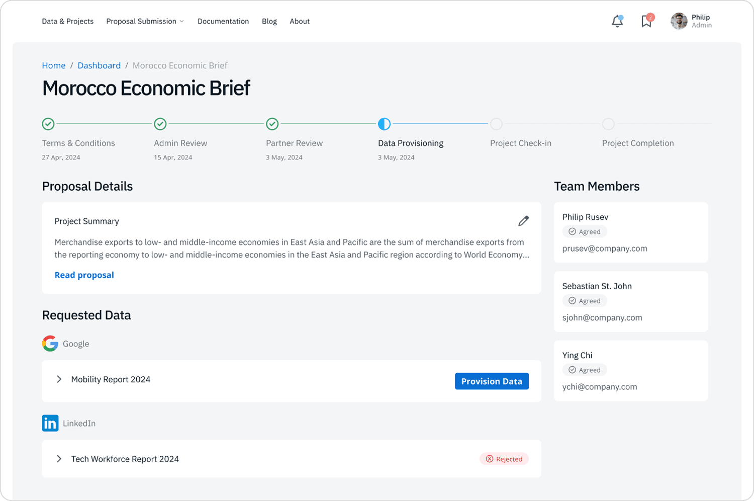 Desktop portal UI for a non-profit showing the fourth step of the process, which is Data provisioning