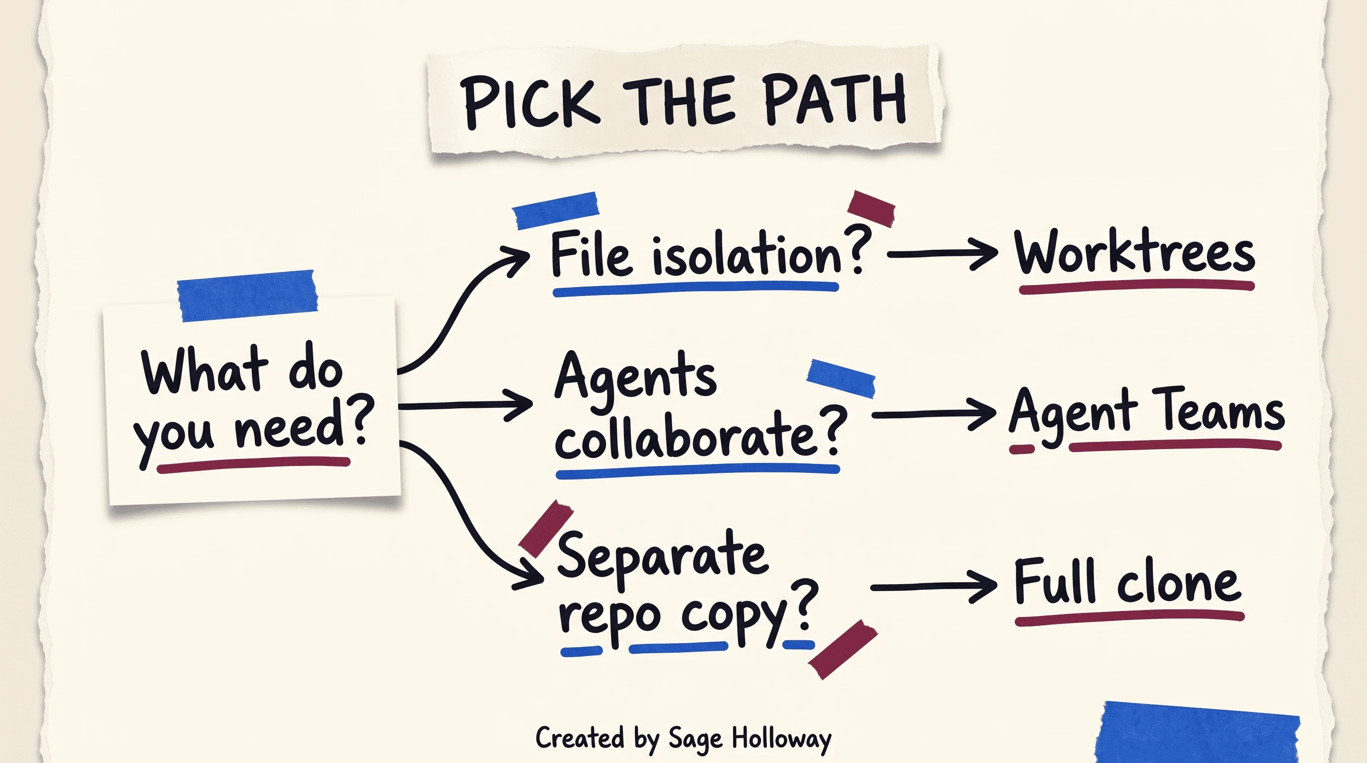 Scrapbook decision diagram for when to use Claude Code worktrees versus Agent Teams versus full repository clones