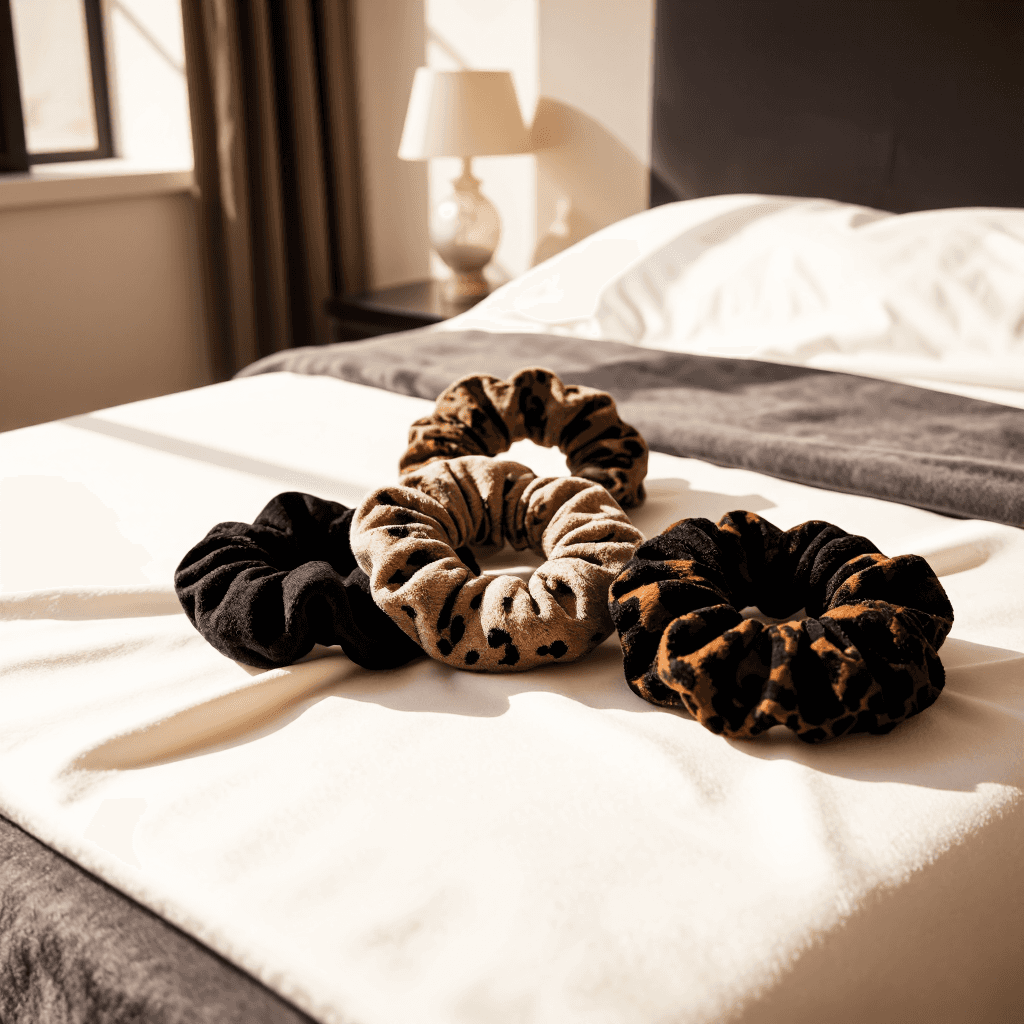 product photography of a set of hair scrunchies, used for tying hair