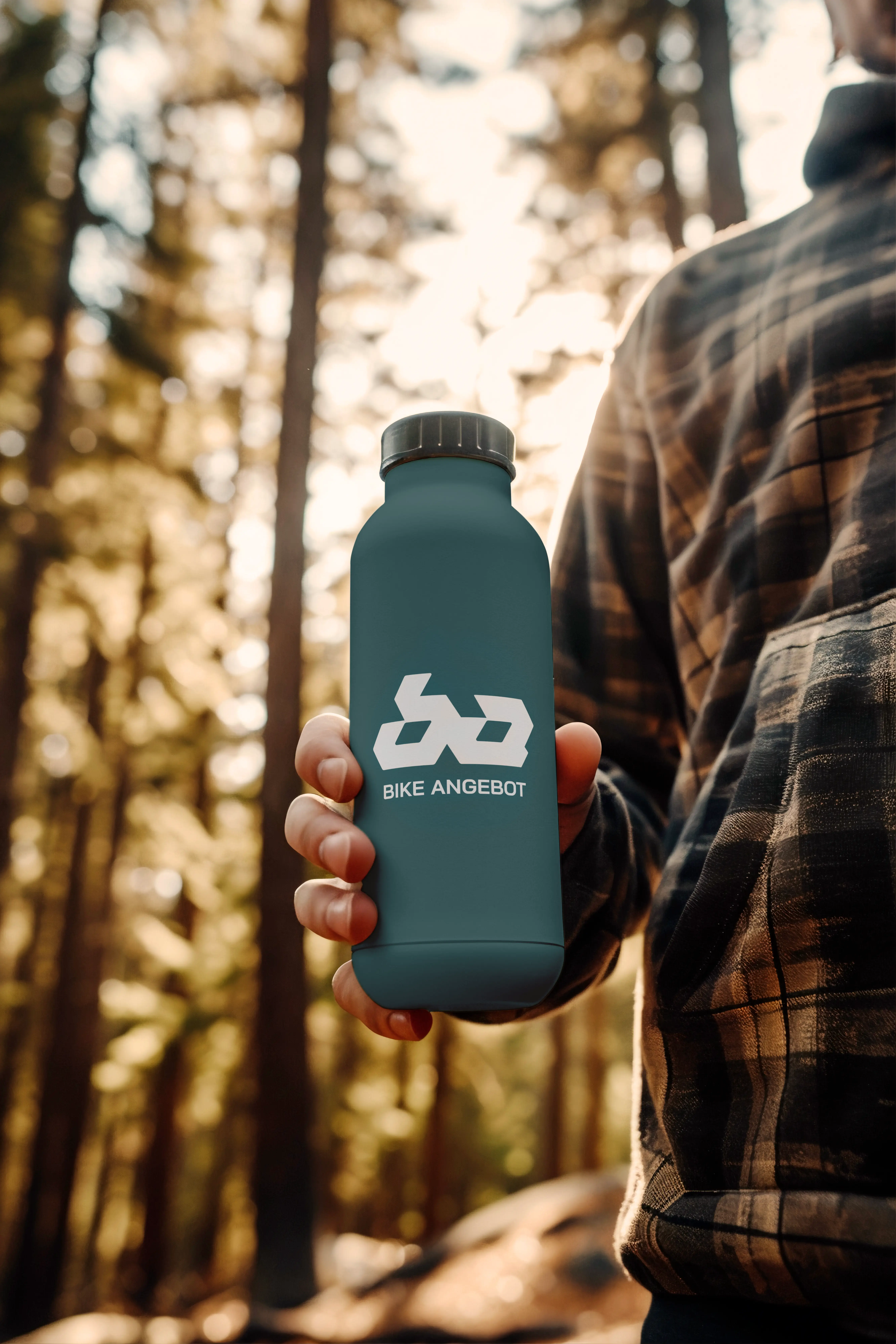 Eine Person, die eine Flasche mit dem Branding von Bike-Angebot in der Hand hält.