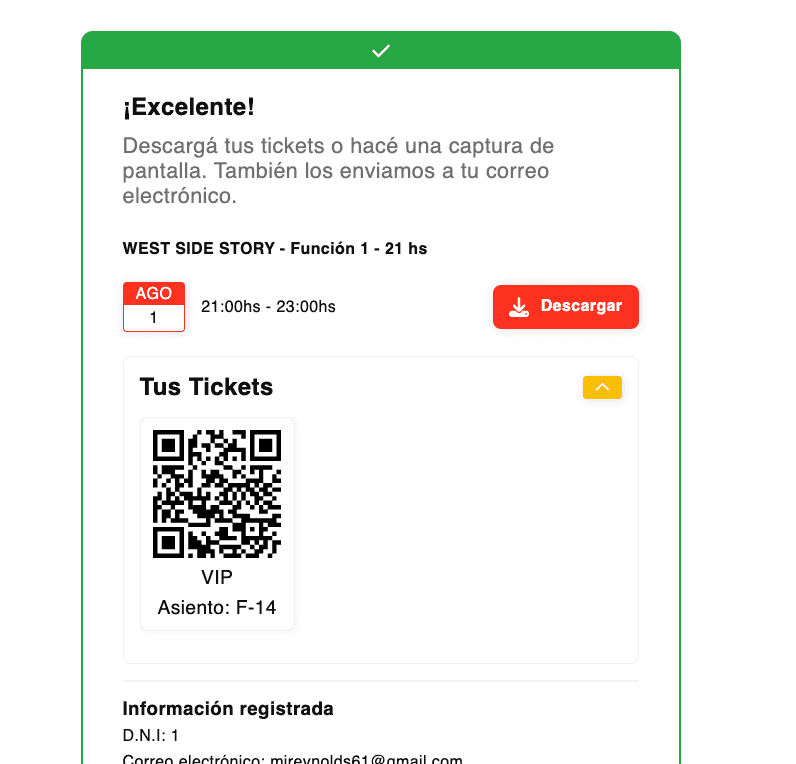 QR digitales al finalizar compra de entradas
