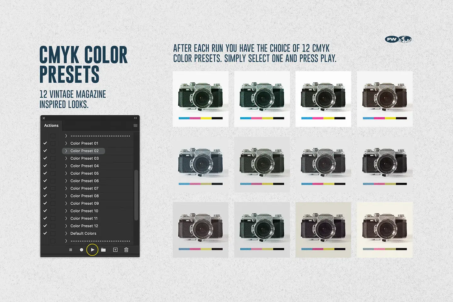 Twelve vintage magazine inspired cmyk color presets shown on a retro camera graphic