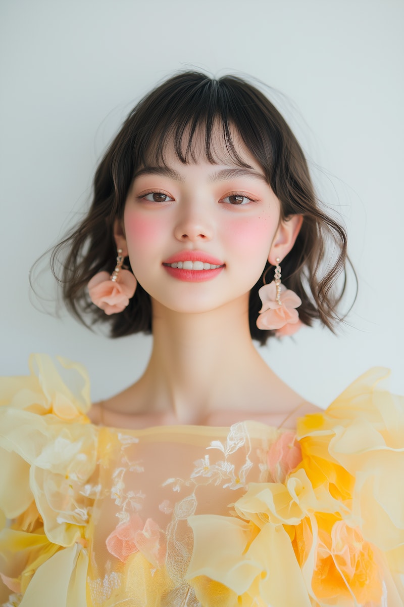 A cheerful young woman in a yellow floral dress and peach earrings, radiating charm with her warm smile and natural makeup.