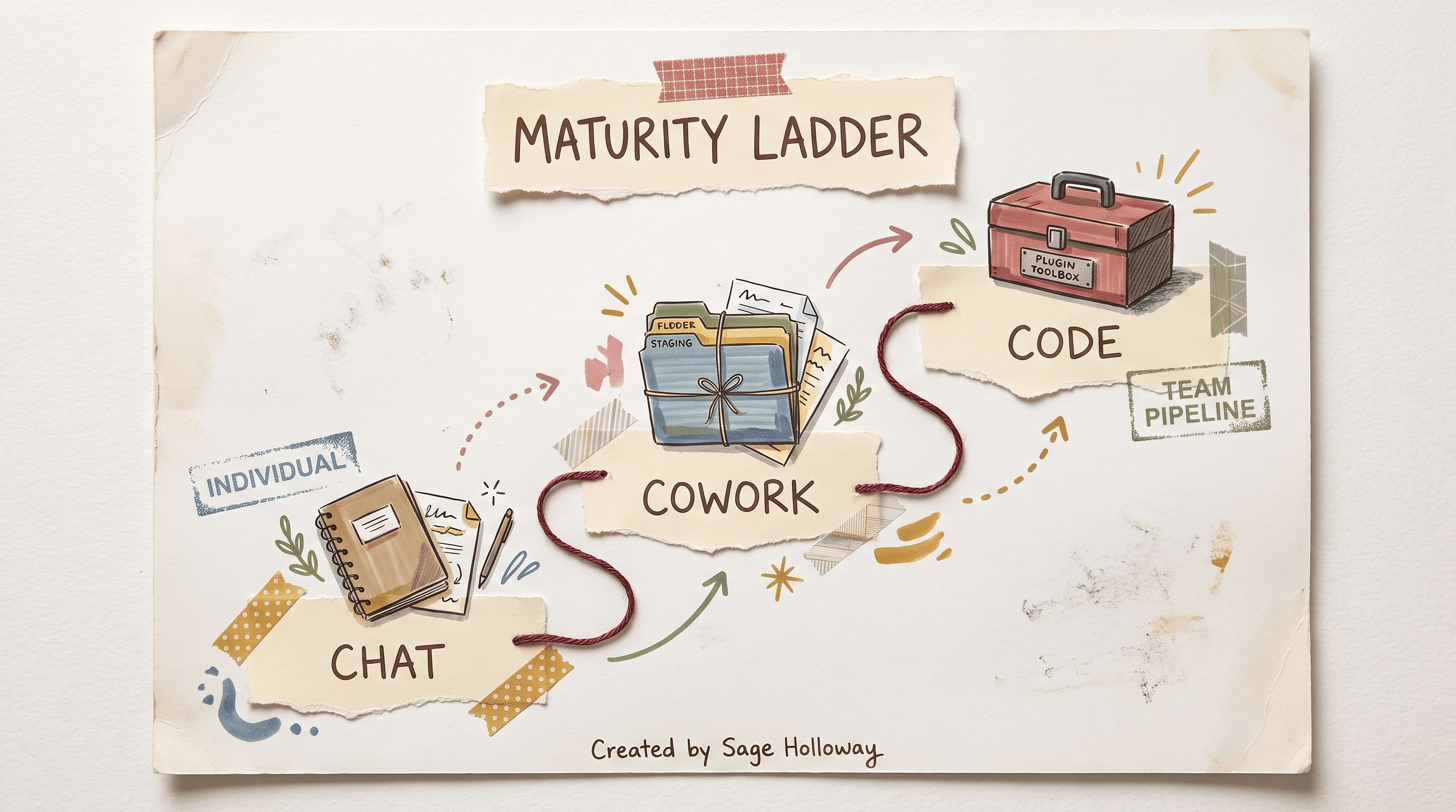 Scrapbook diagram of Chat, Cowork, and Code as three maturity layers for Claude financial analysis