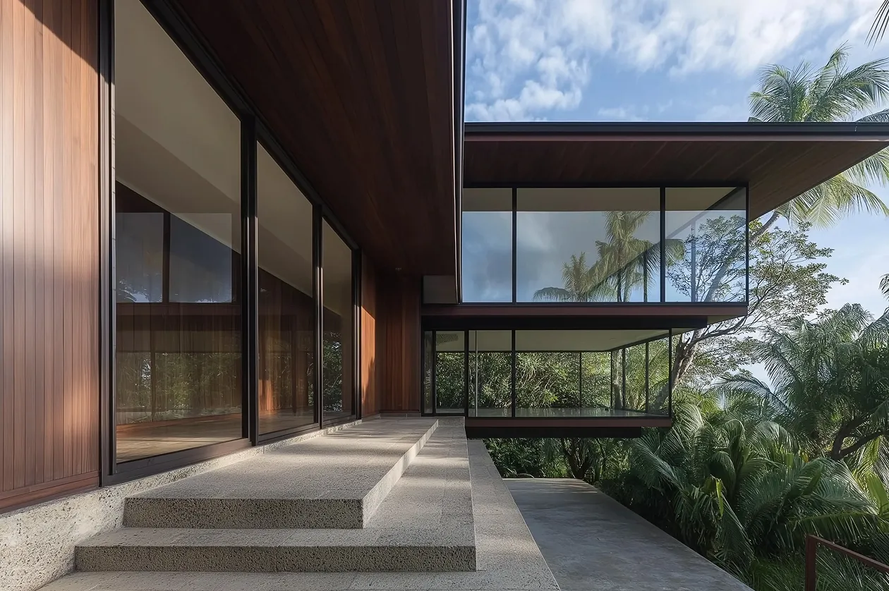 Luxury modern house with wood paneling and large windows.