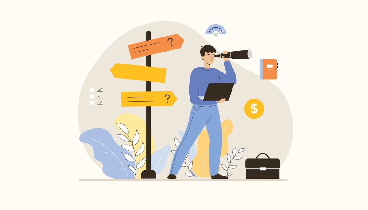 Illustration of a person surrounded by symbols like a question mark, light bulb, gears, and puzzle pieces.