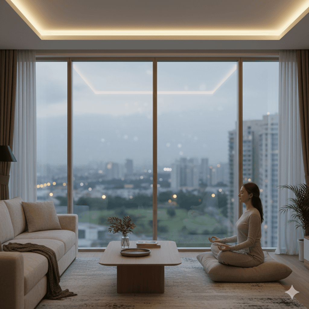 Peaceful living room with large double-glazed windows at The Address Noida