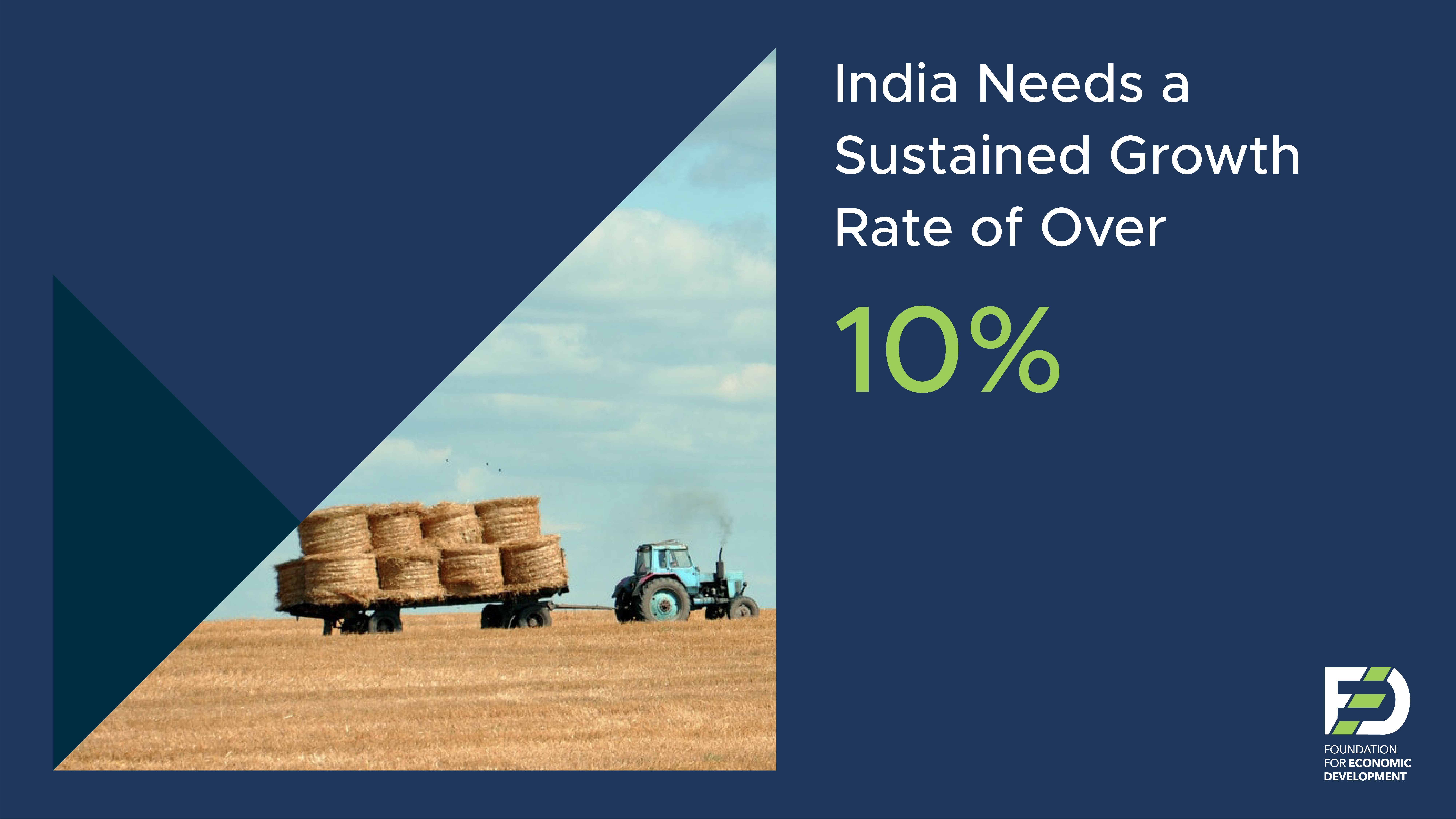 A tractor hauling stacked hay bales in a field, with text emphasizing India's need for over 10% sustained economic growth.
